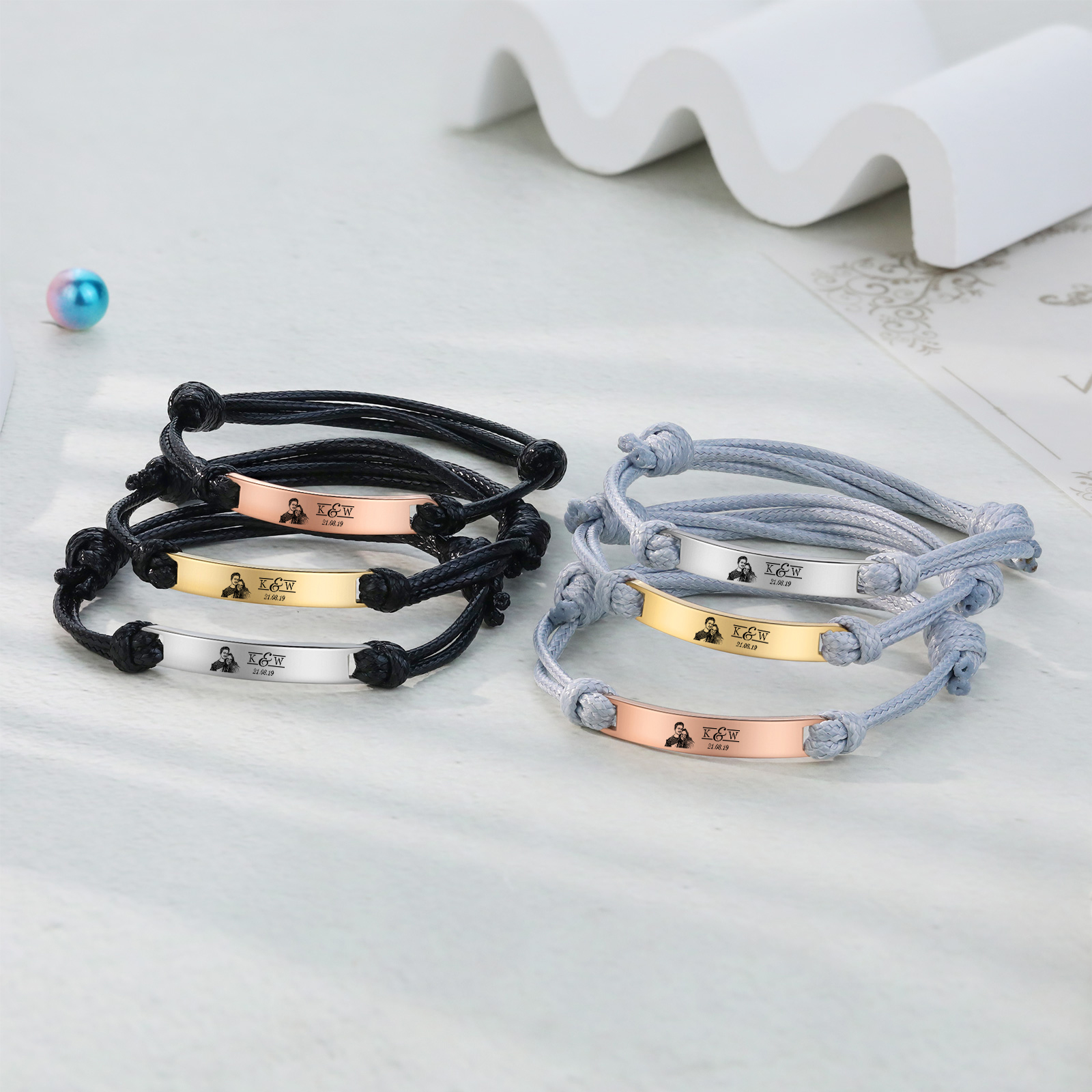 Pulseras de cuerda con placa personalizada con 2 letras, fecha y foto-Jessemade ES