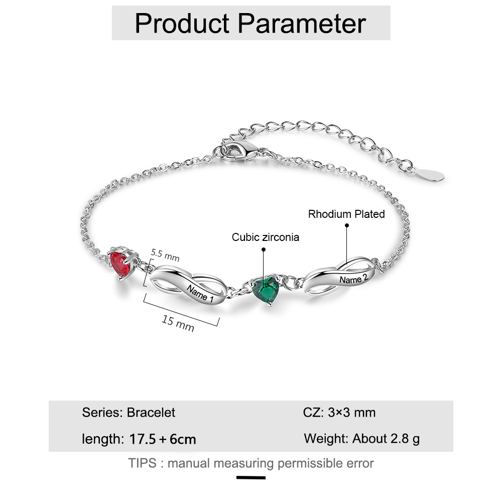 Pulsera "infinito" personalizada con 2 nombres y 2 piedras de nacimiento de corazón-Jessemade ES