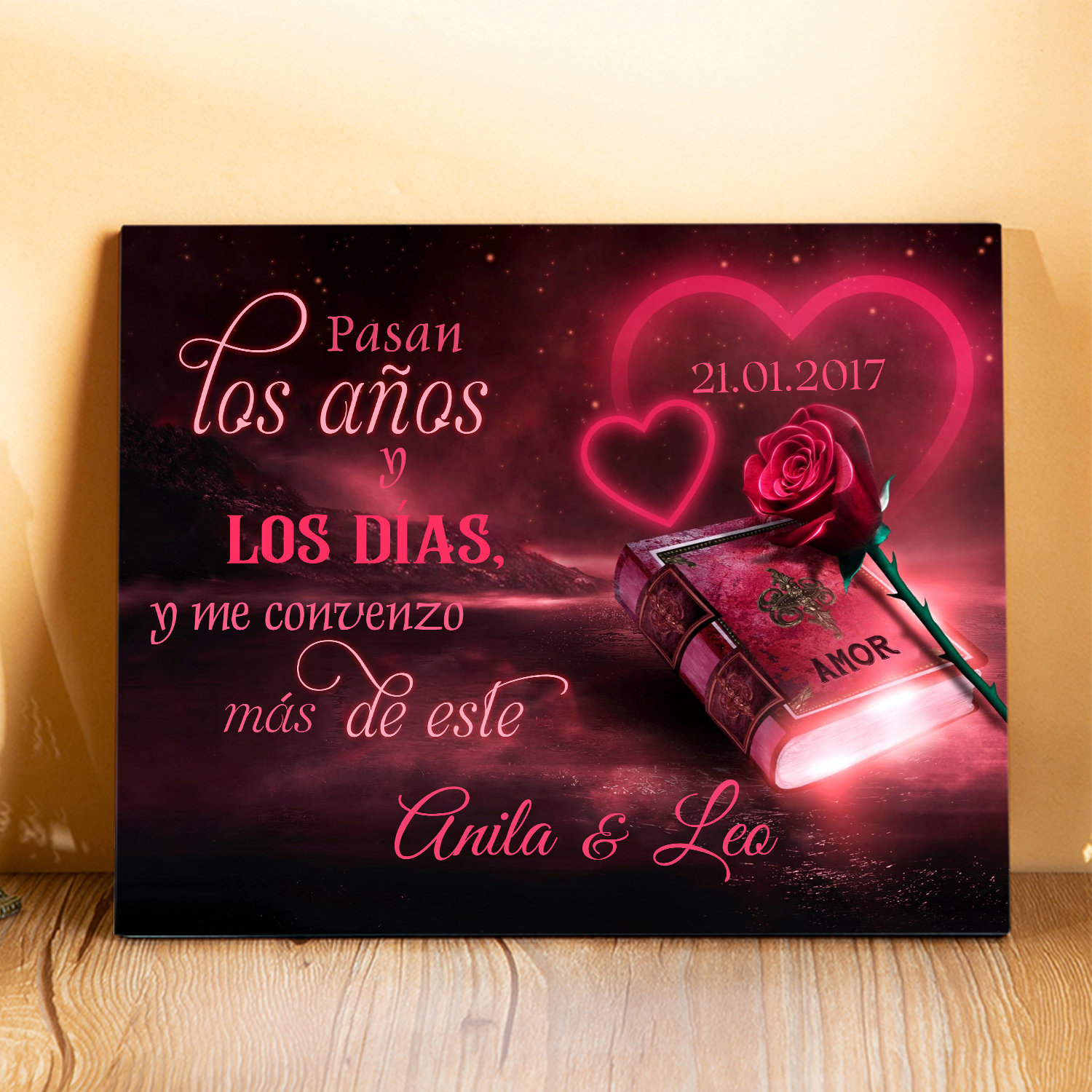 Lámina libro de amor marco de madera para pareja personalizado con 2 nombres y fecha-Jessemade ES