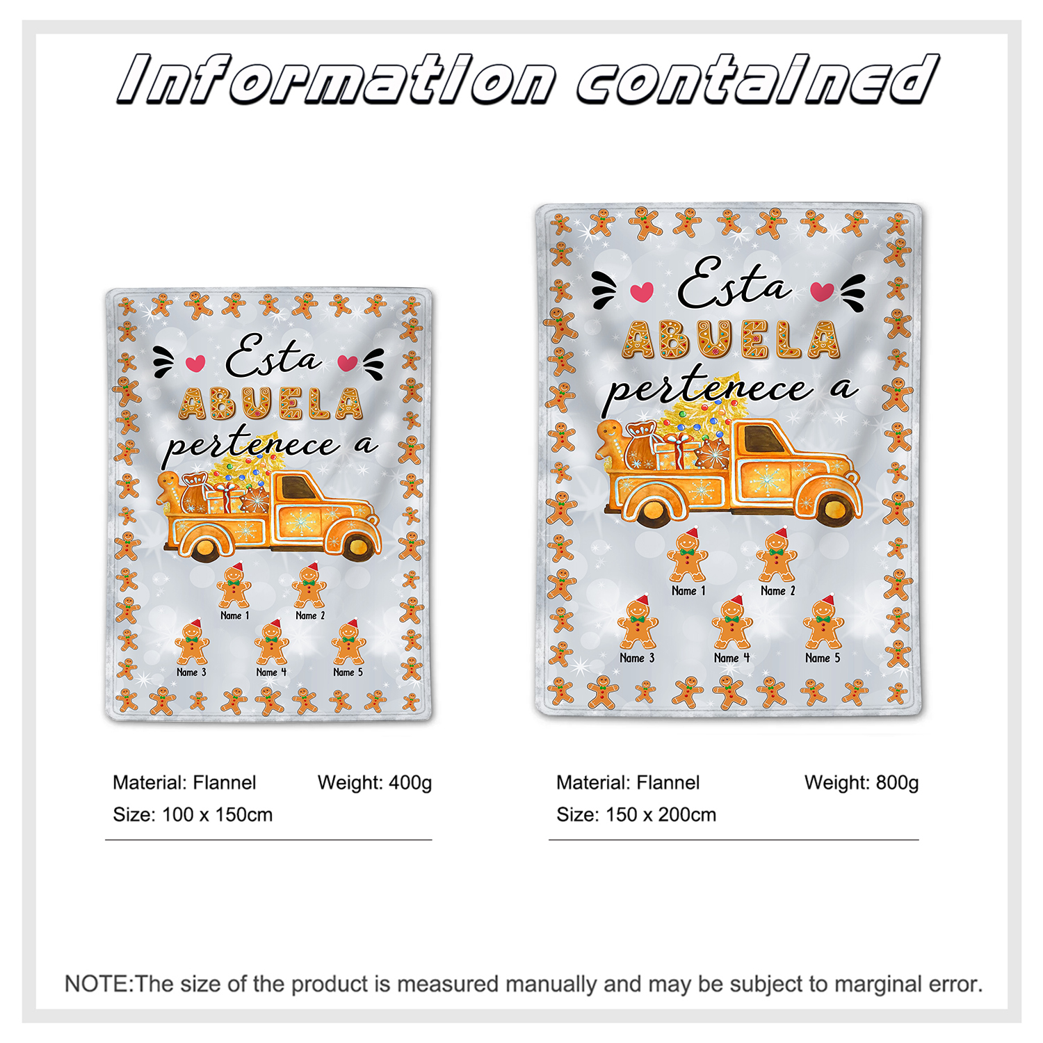 A mi abuela-Manta de buen calidad de Navidad hombres de jengibre personalizada con 5 nombres-Jessemade ES