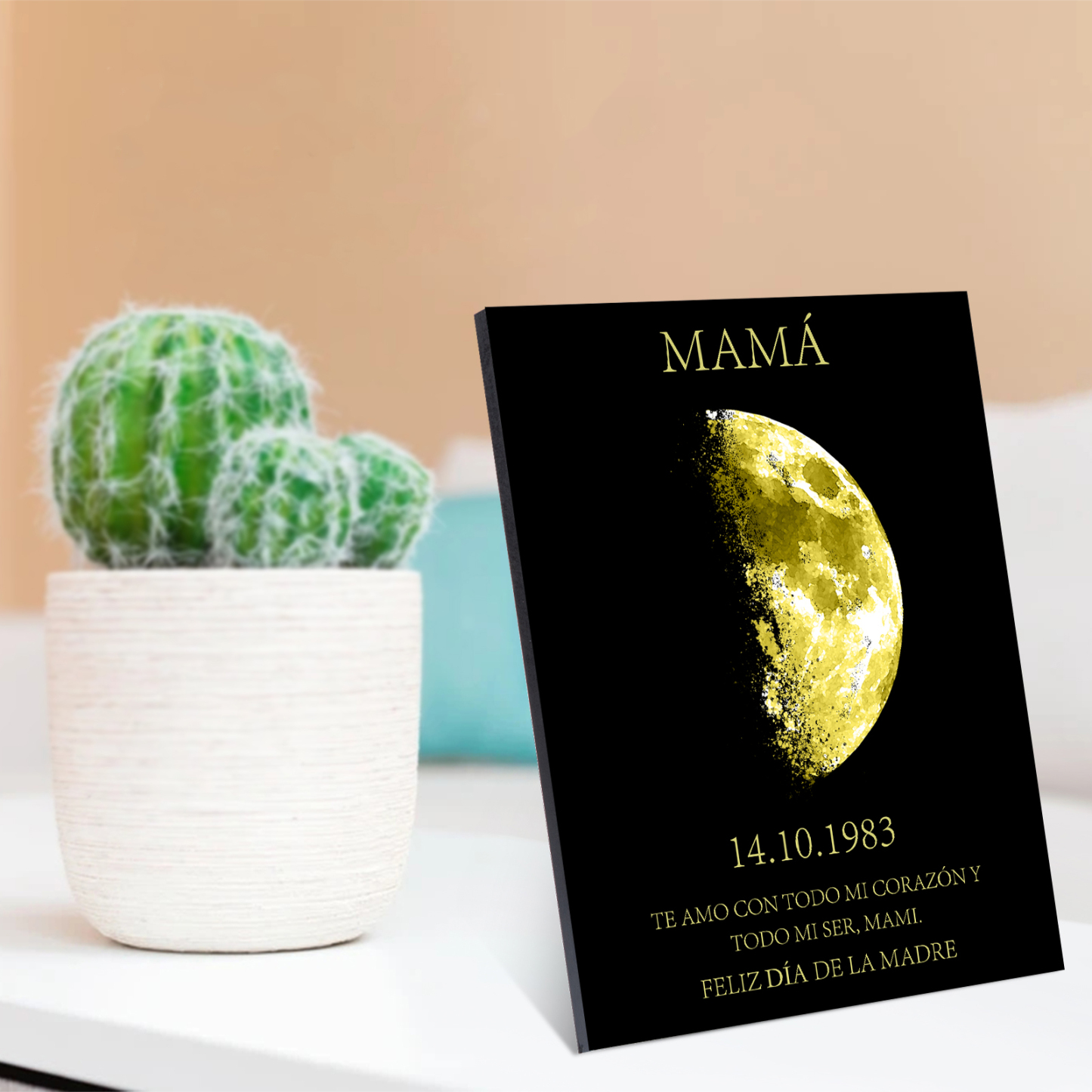 A mi mamá-Lámina con luna marco de madera personalizado con fecha y texto-Jessemade ES