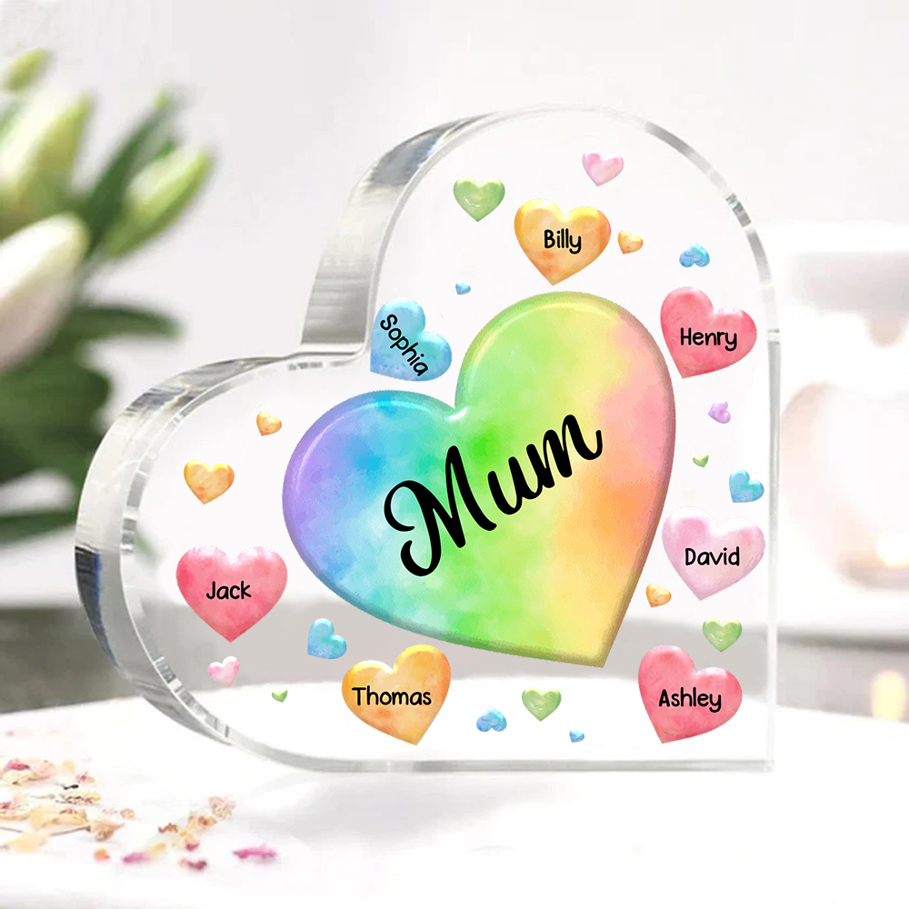 A mi mamá/abuela-Placa de acrílico "Corazones" en forma de corazón 7 nombres y 1 texto personalizados-Jessemade ES
