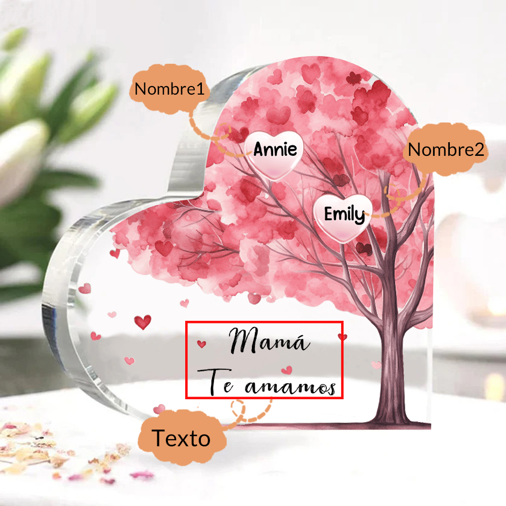 A mi mamá/abuela-Placa de acrílico "Árbol" en forma de corazón 2 nombres y 1 texto personalizados-Jessemade ES