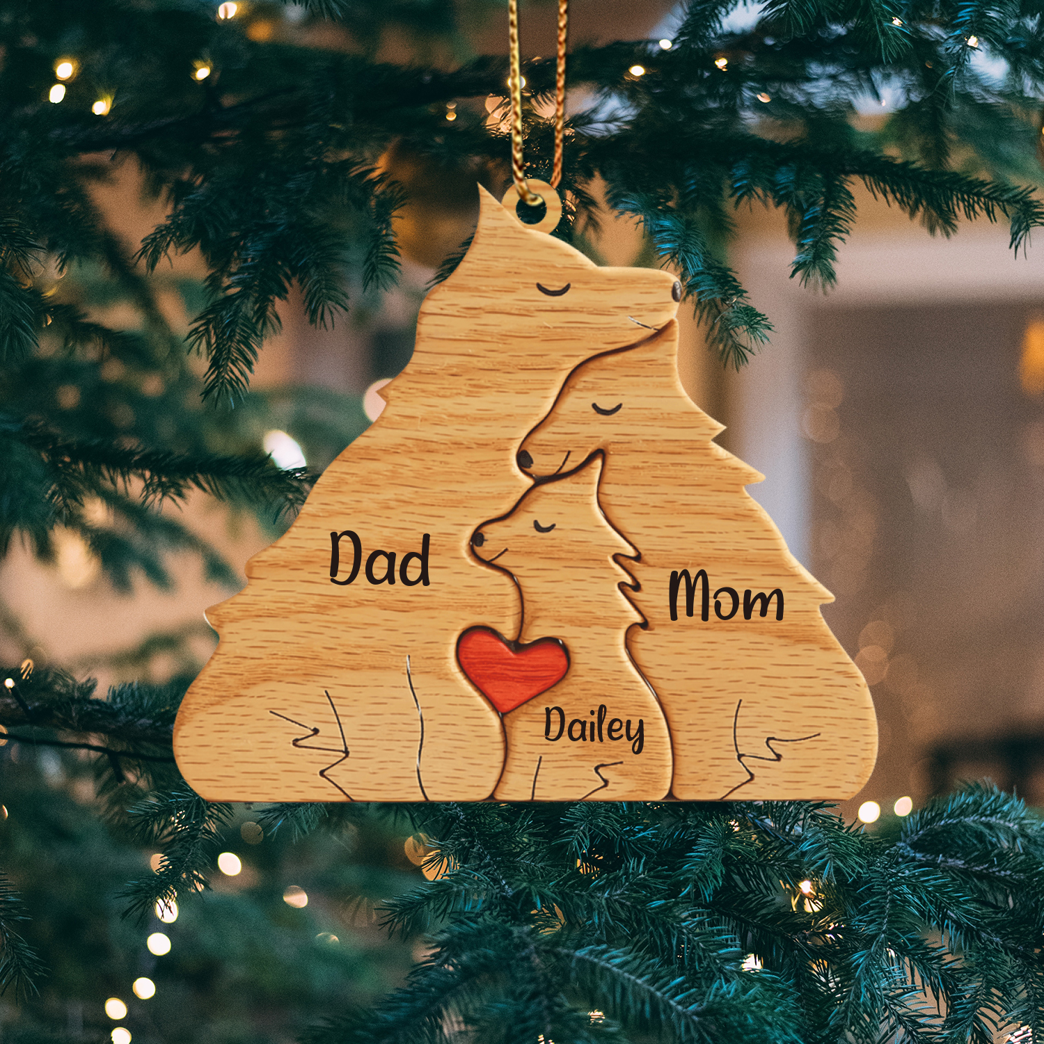 Navidad-Ornamento muñecos navideño de madera familia de zorros 3 nombres personalizados adorno del árbol-Jessemade ES