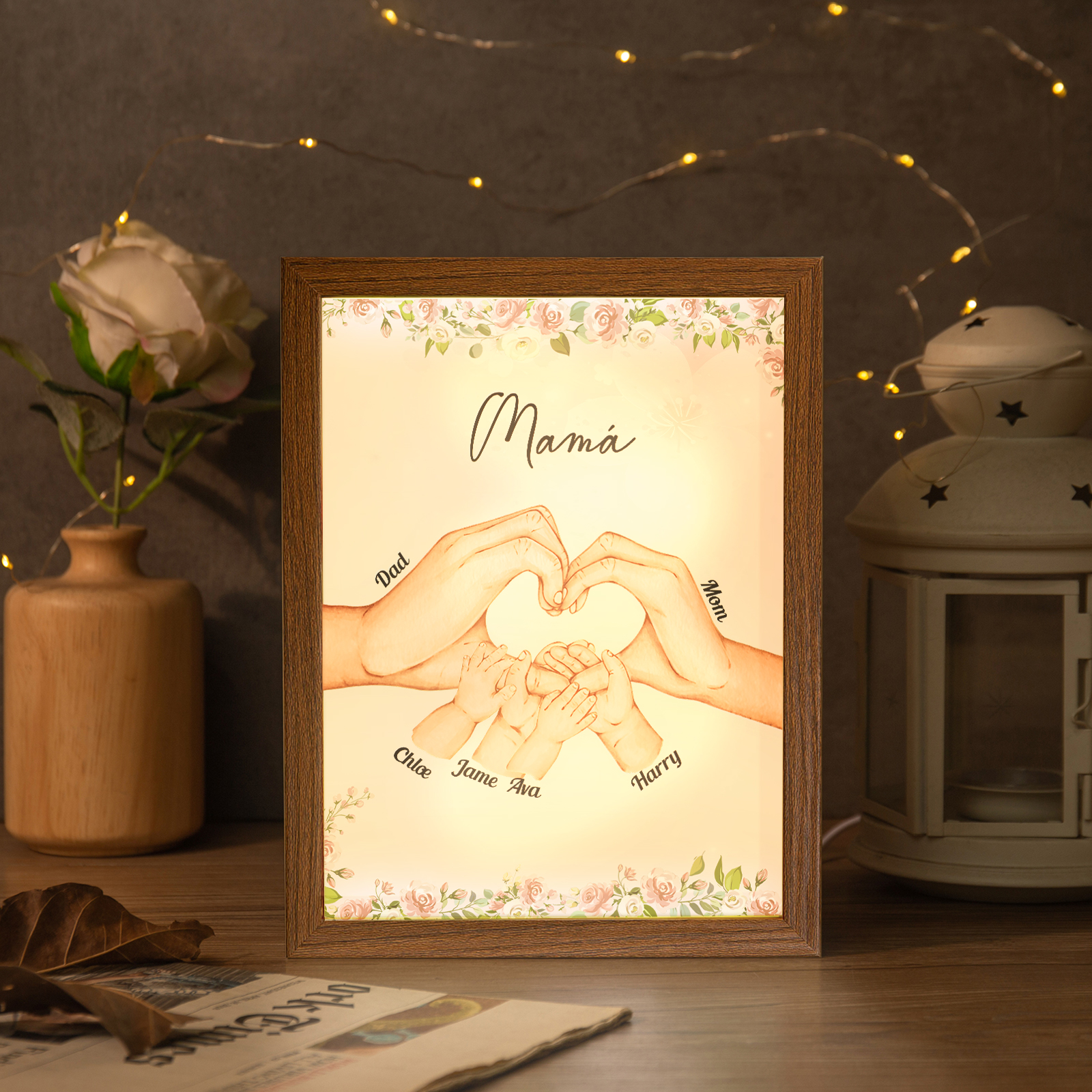 A la familia-Marco con luces de madera mano a mano 6 nombres personalizados con texto-Jessemade ES