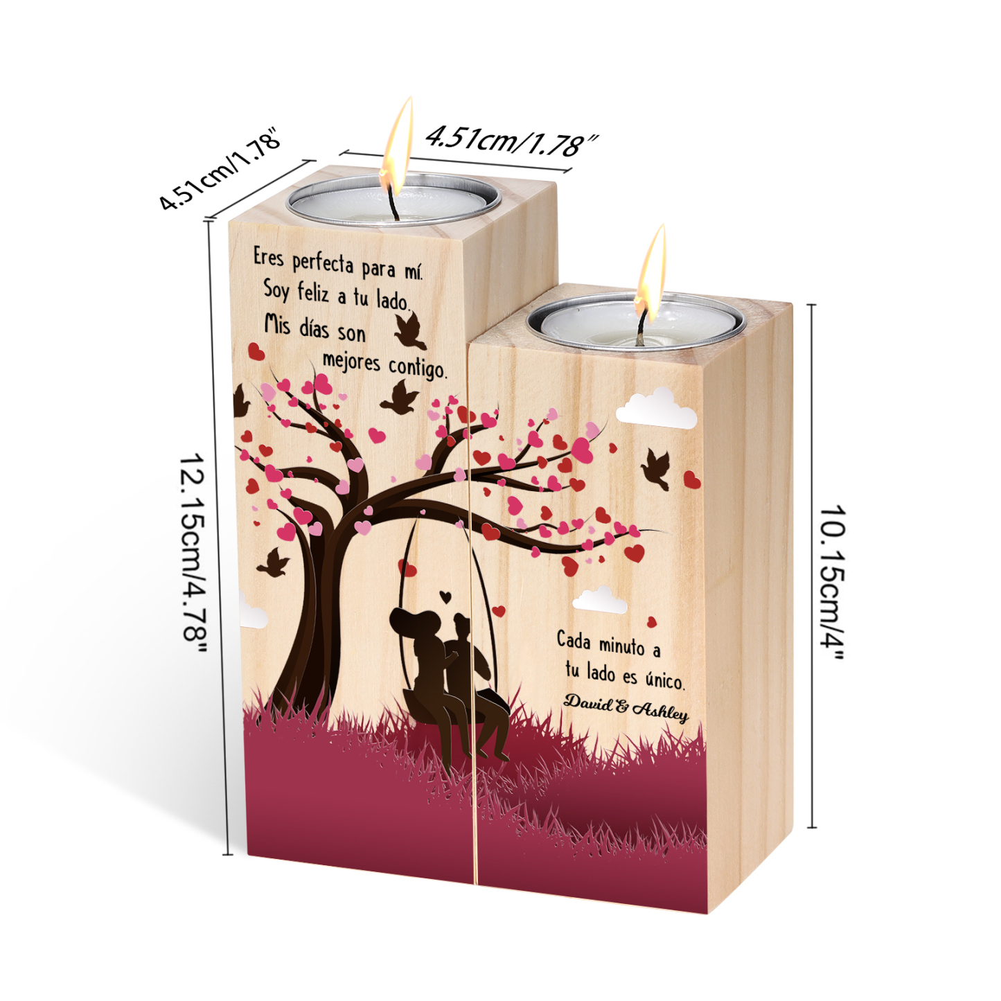 Candelero de siluetas de pareja de madera de dos piezas sin candela con 1 texto personalizado-Jessemade ES