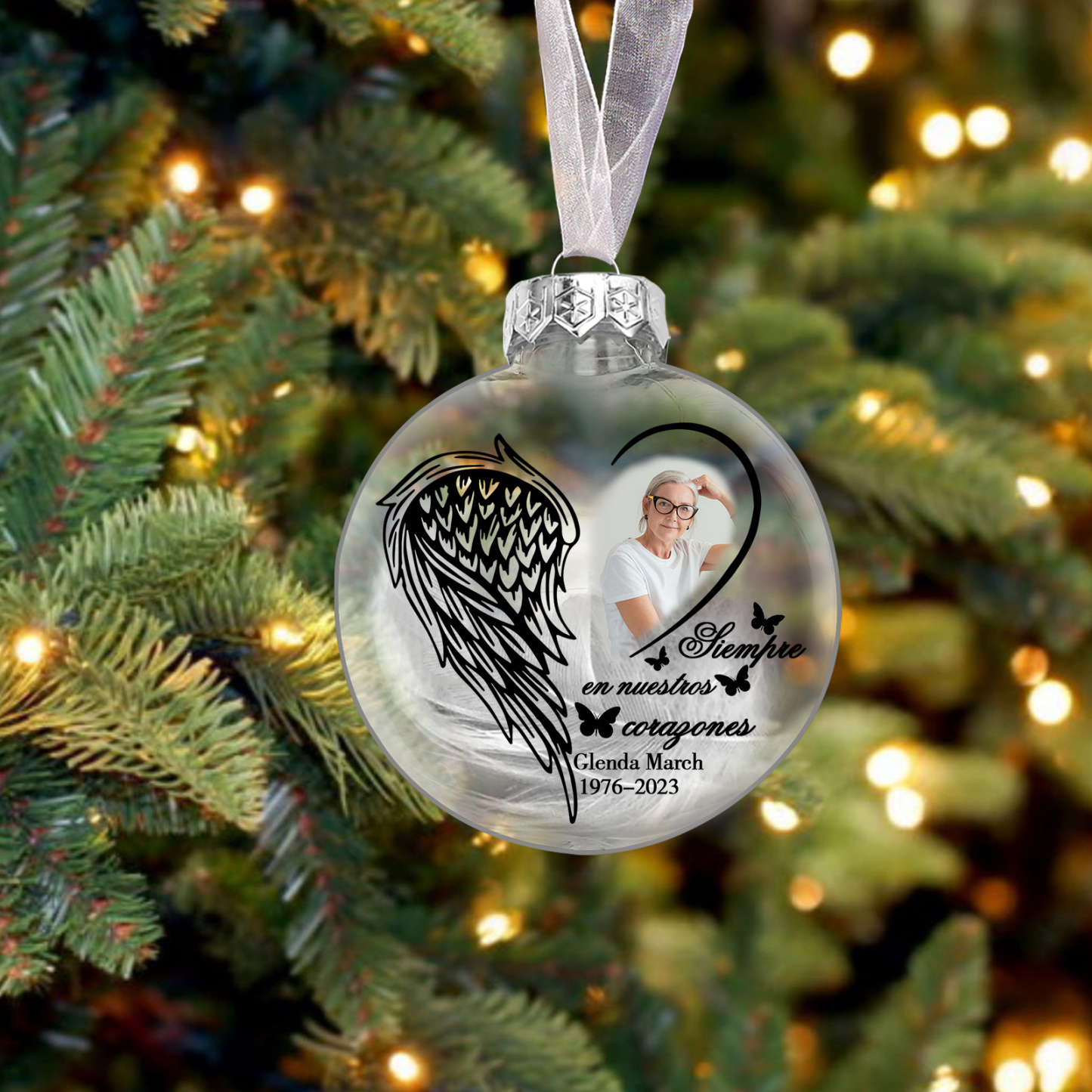 Bola navideña conmemorativa Adorno de Navidad 1 nombre, 1 foto y años personalizados con pluma -Jessemade ES