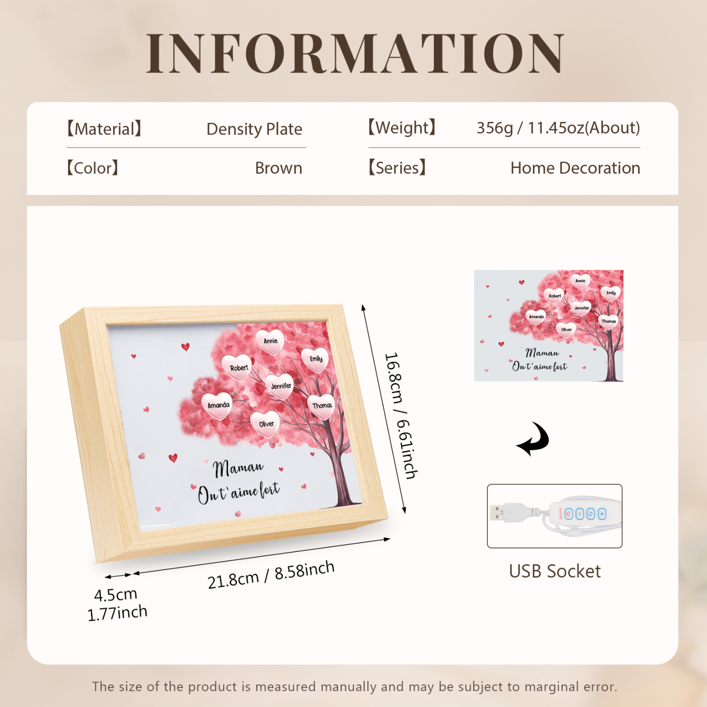 Marco con LED Árbol de la Vida 1-10 Nombres Personalizados con 1 Texto-Jessemade ES