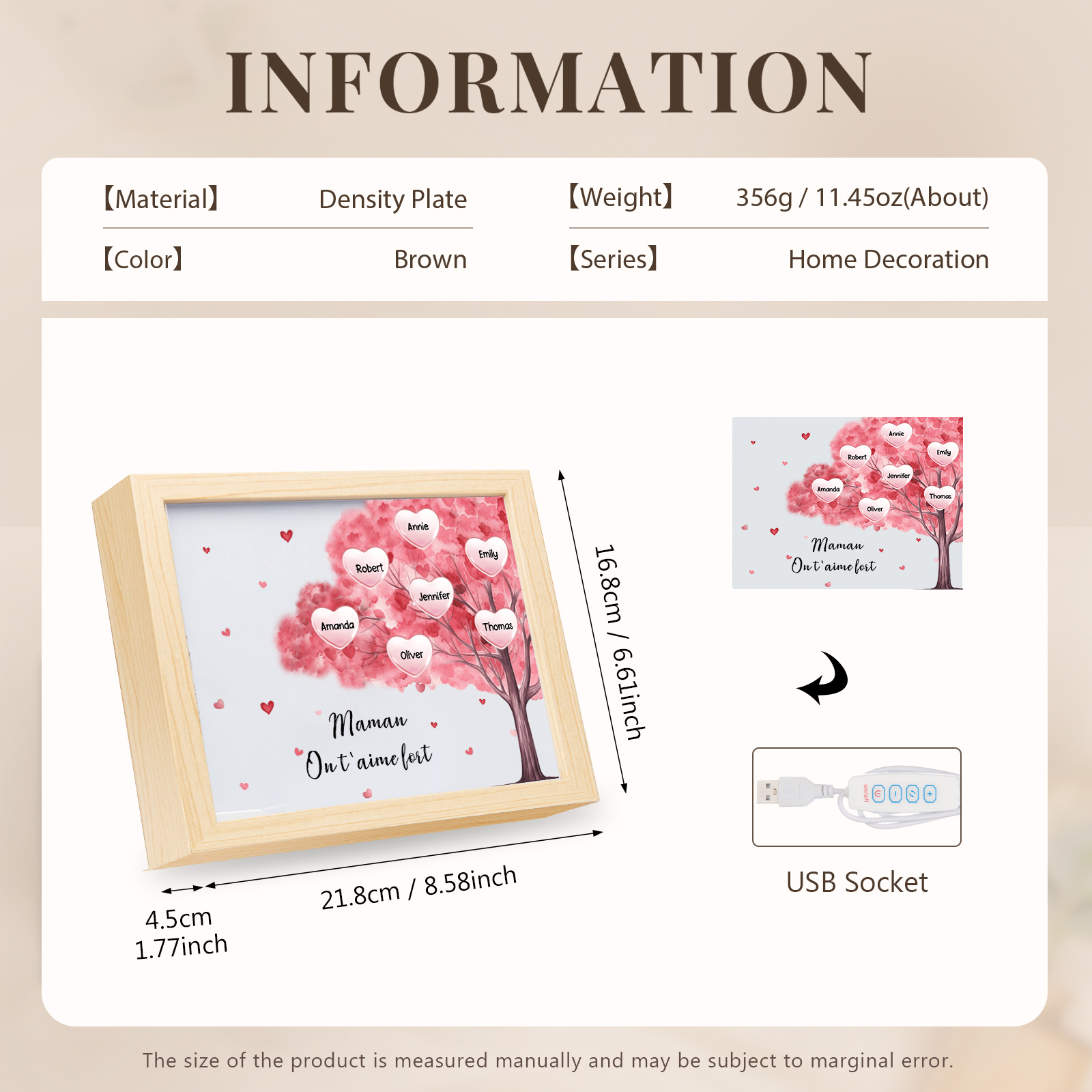 Marco con LED Árbol de la Vida 1-10 Nombres Personalizados con 1 Texto-Jessemade ES