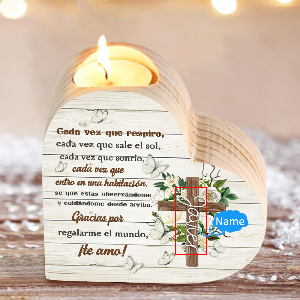 Navidad en el paraíso-Candelero de corazón en memoria de ser querido personalizado con nombre de madera sin vela-Jessemade ES