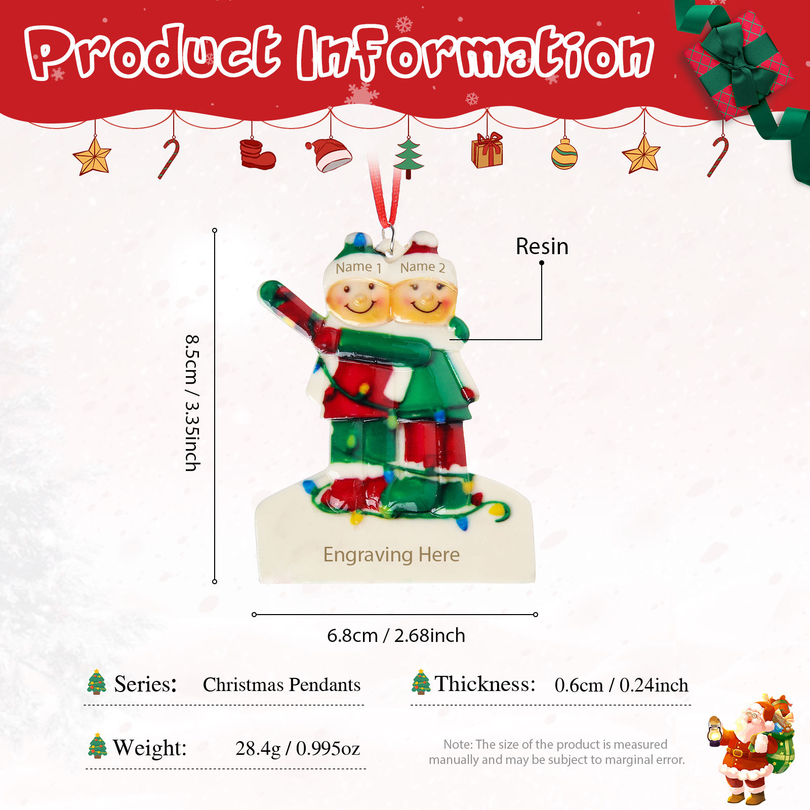 Navidad-Ornamento muñecos navideño de resina 1 texto y 2 nombres personalizados adorno del árbol