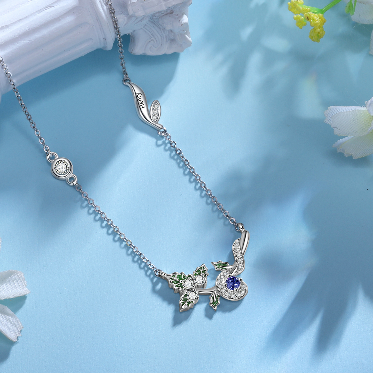 Collar de flor de diciembre acebo con nombre personalizado y piedra de nacimiento-Jessemade ES