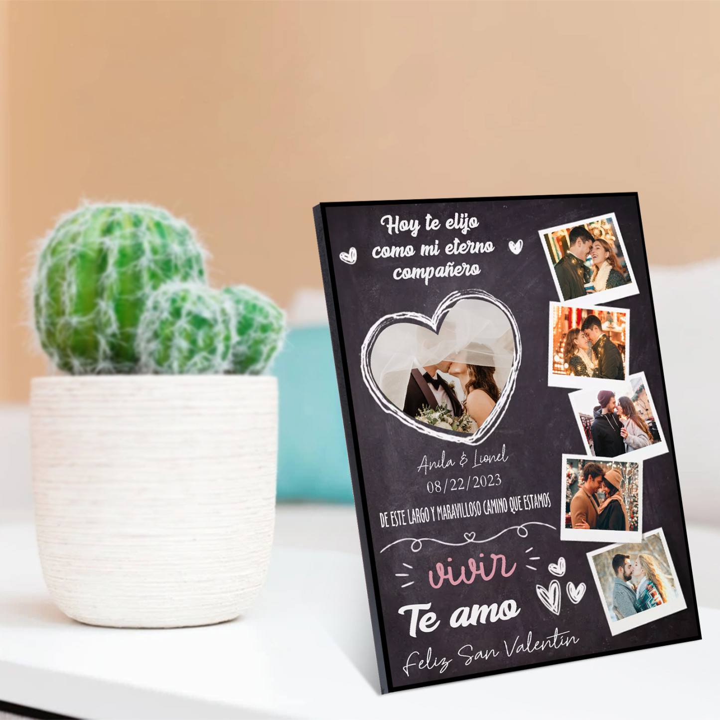 San Valentín-Lámina marco de madera para pareja personalizado con texto, fecha y 6 fotos-Jessemade ES