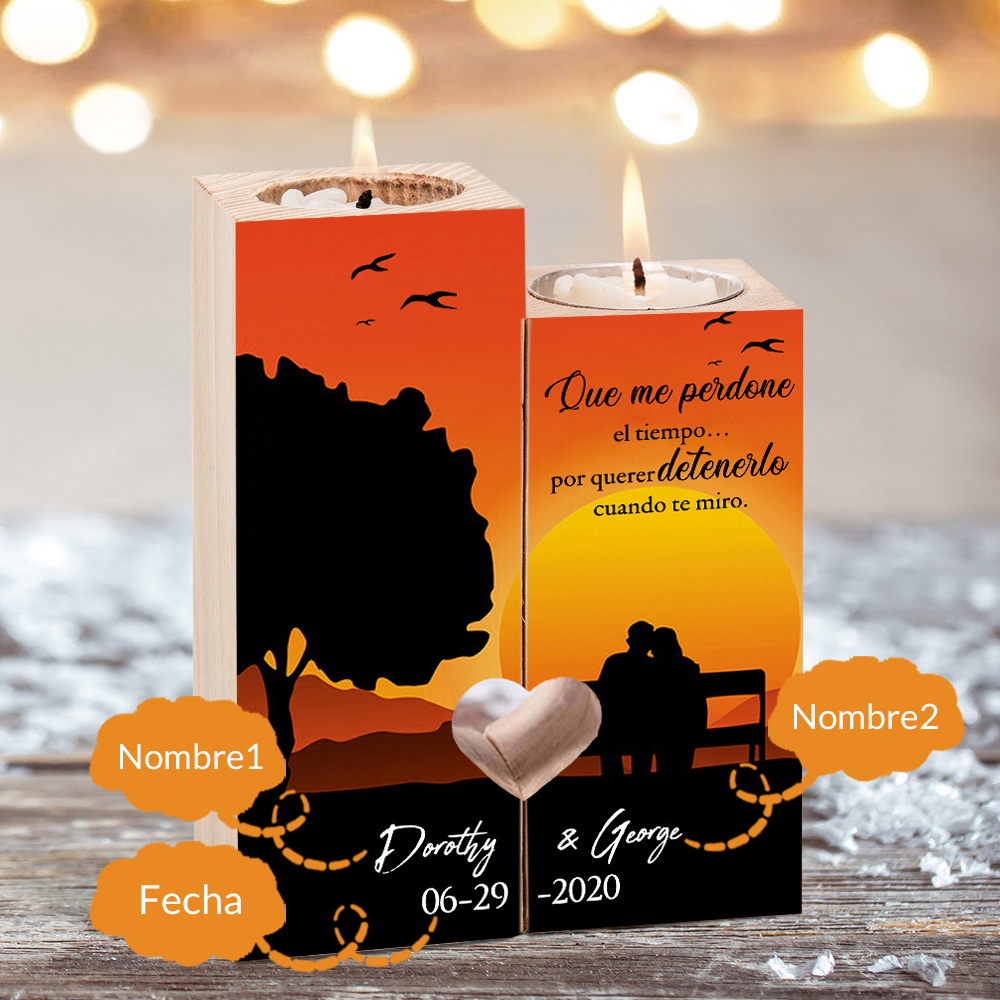 Candelero para pareja de madera de dos piezas sin candela con 2 nombres y fecha personalizados-Jessemade ES