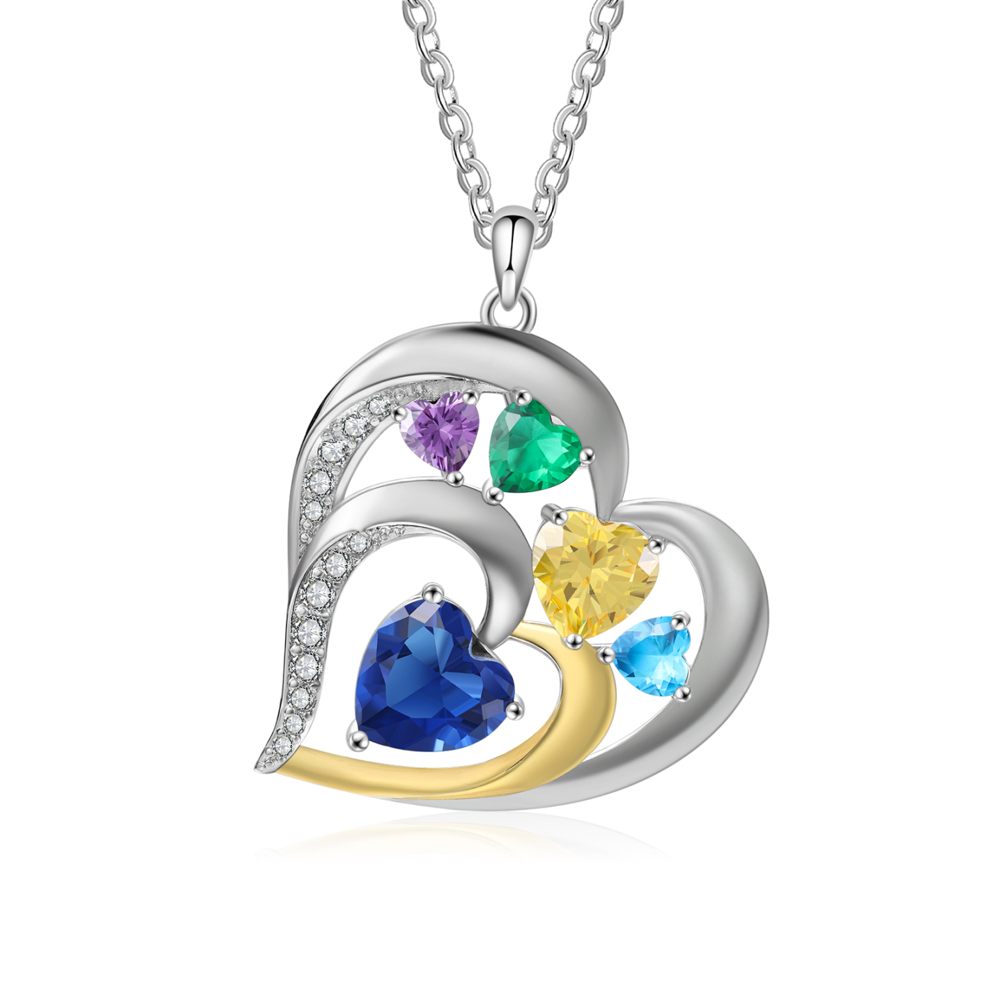 Collar corazón con 3 nombres, 1 texto y 5 piedras de nacimiento personalizados-Jessemade ES