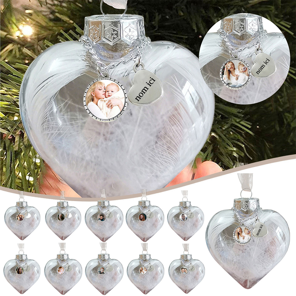 Bola navideña Adorno de Navidad 1 nombre y 1 foto personalizados en forma de corazón con pluma 