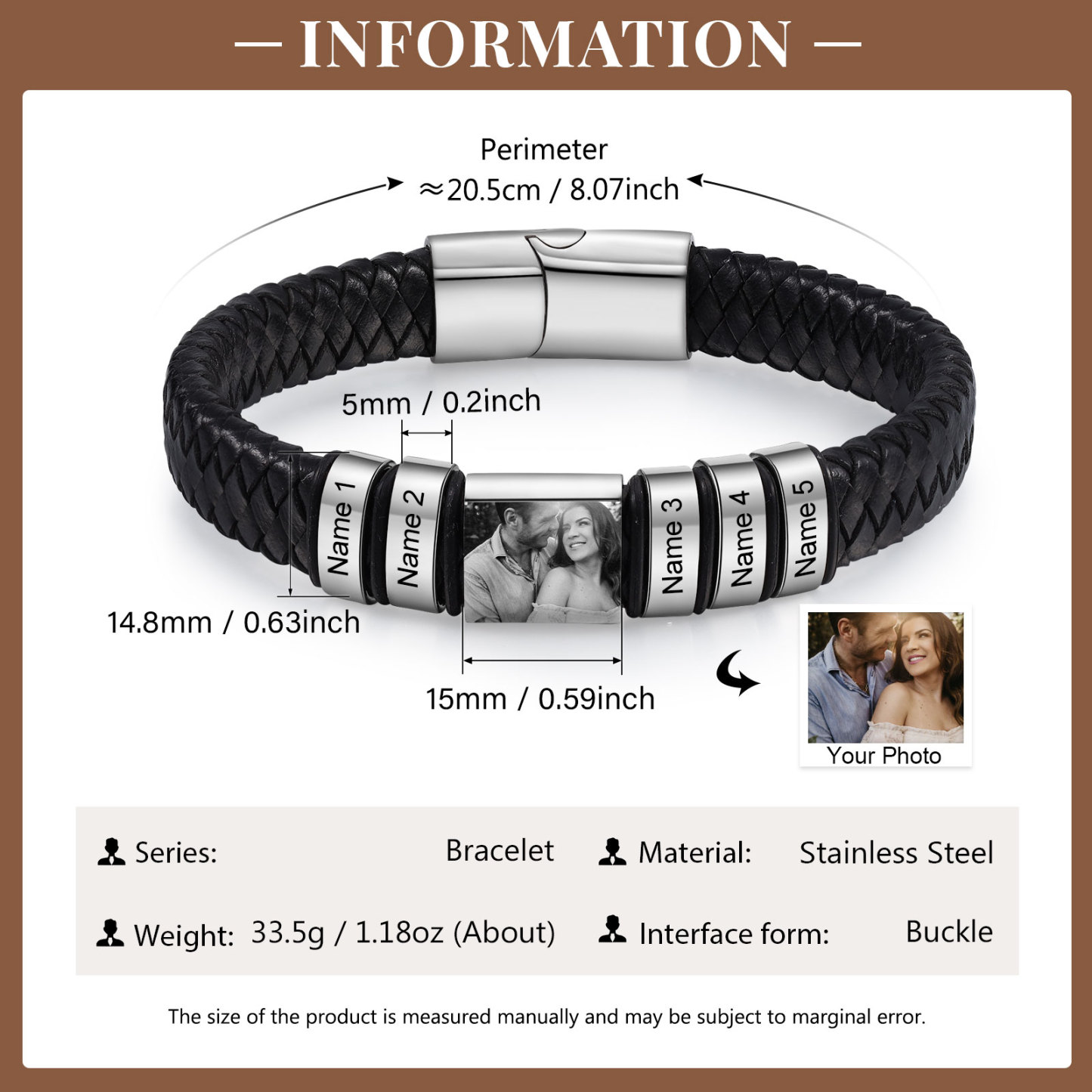 Pulsera de Cueros Trenzados Aros Personalizados de 2-5 Nombres y Placa de Foto-Jessemade ES