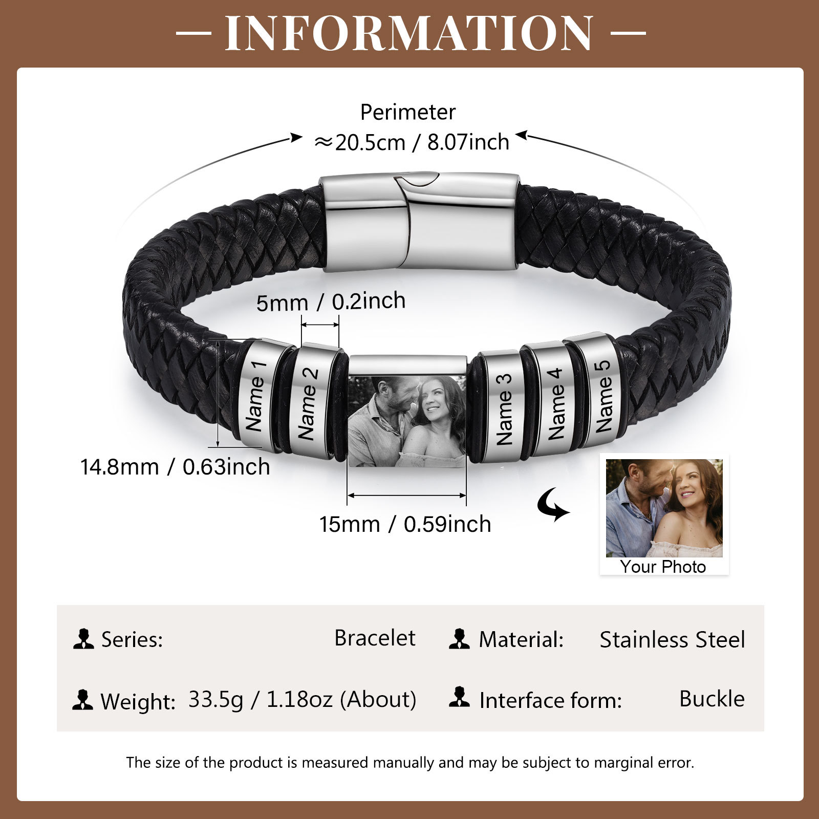 Pulsera de Cueros Trenzados Aros Personalizados de 2-5 Nombres y Placa de Foto-Jessemade ES
