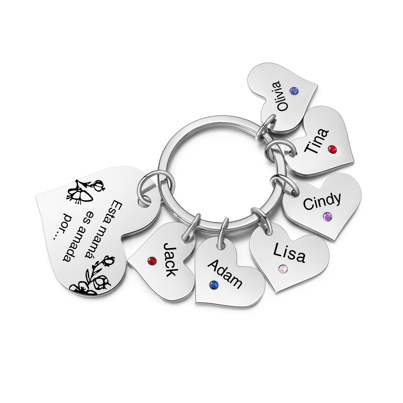 A mi mamá/abuela - Llavero con 6 nombres y piedras de nacimiento personalizados en corazones con texto-Jessemade ES