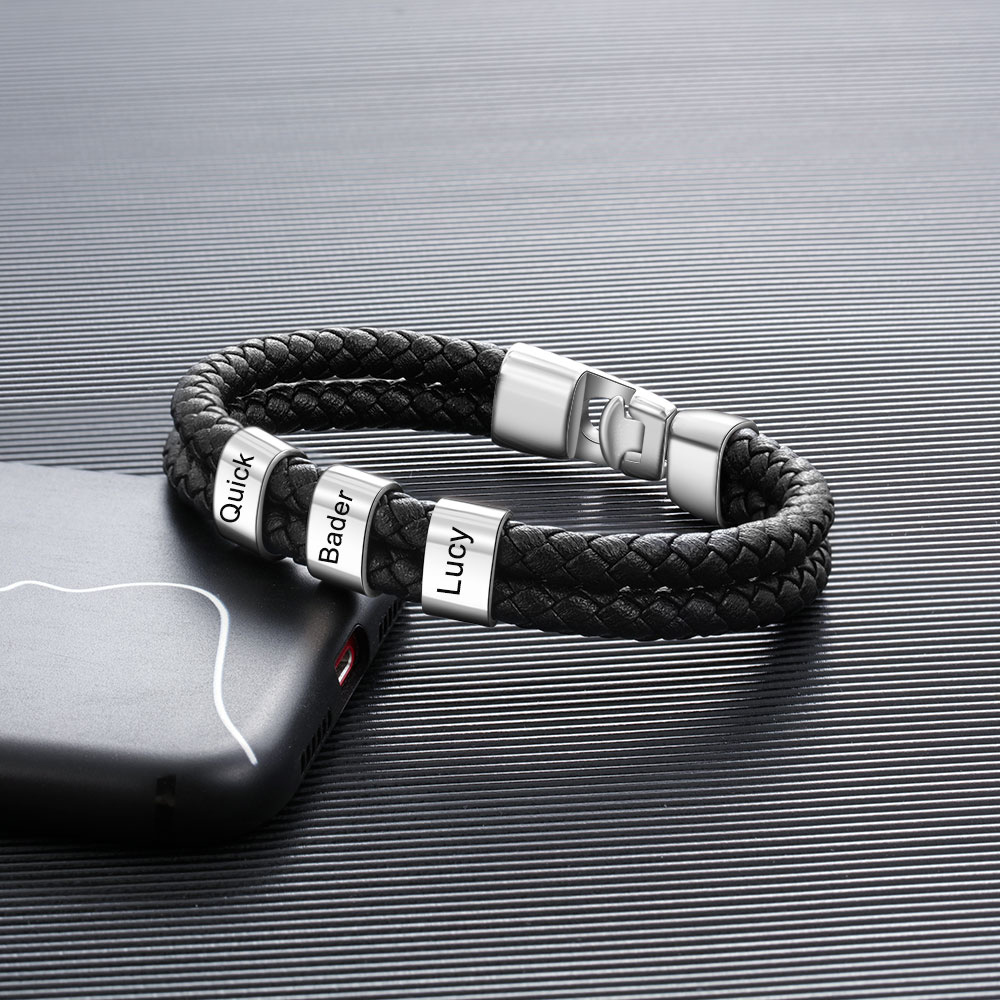 Pulsera 1-8 Nombres Personalizados de Cuero Trenzado con Aros-Jessemade ES