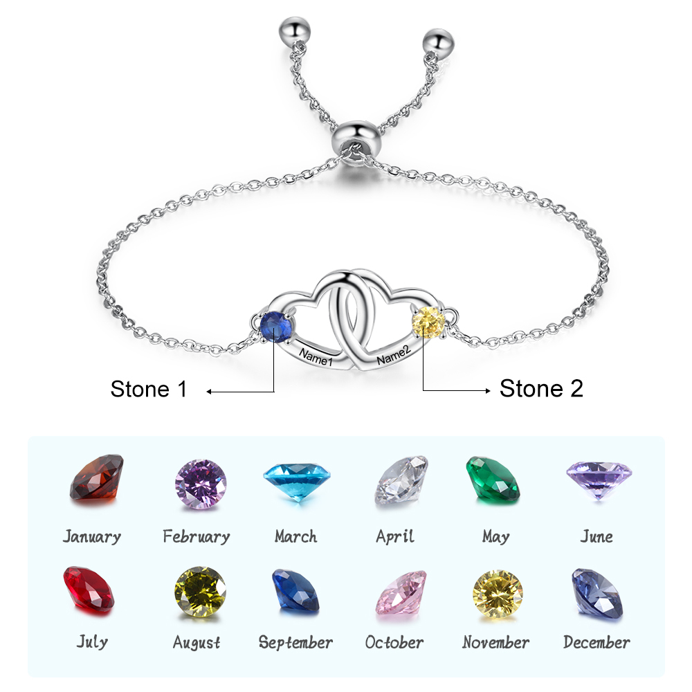 Pulsera ajustable de corazón con 2 piedras de nacimiento y 2 nombres personalizados