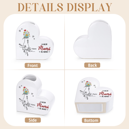 Jarrón Corazón de Cerámica Personalizado con 2 a 6 Nombres « La mejor mamá/abuela del mundo »