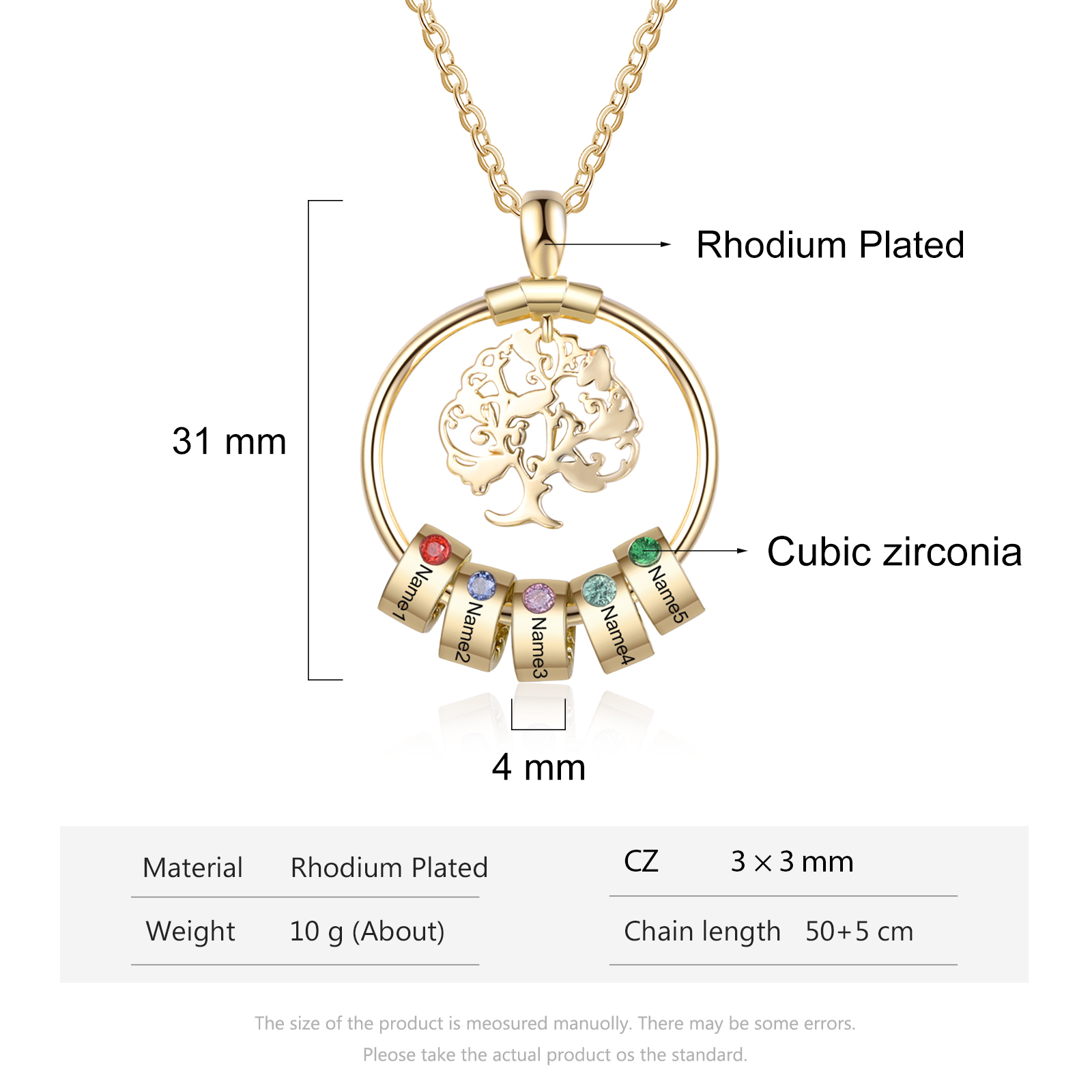 Collar con 1-5 círculos 1-5 piedras de nacimiento y nombres colgante de árbol de la vida oro-Jessemade ES
