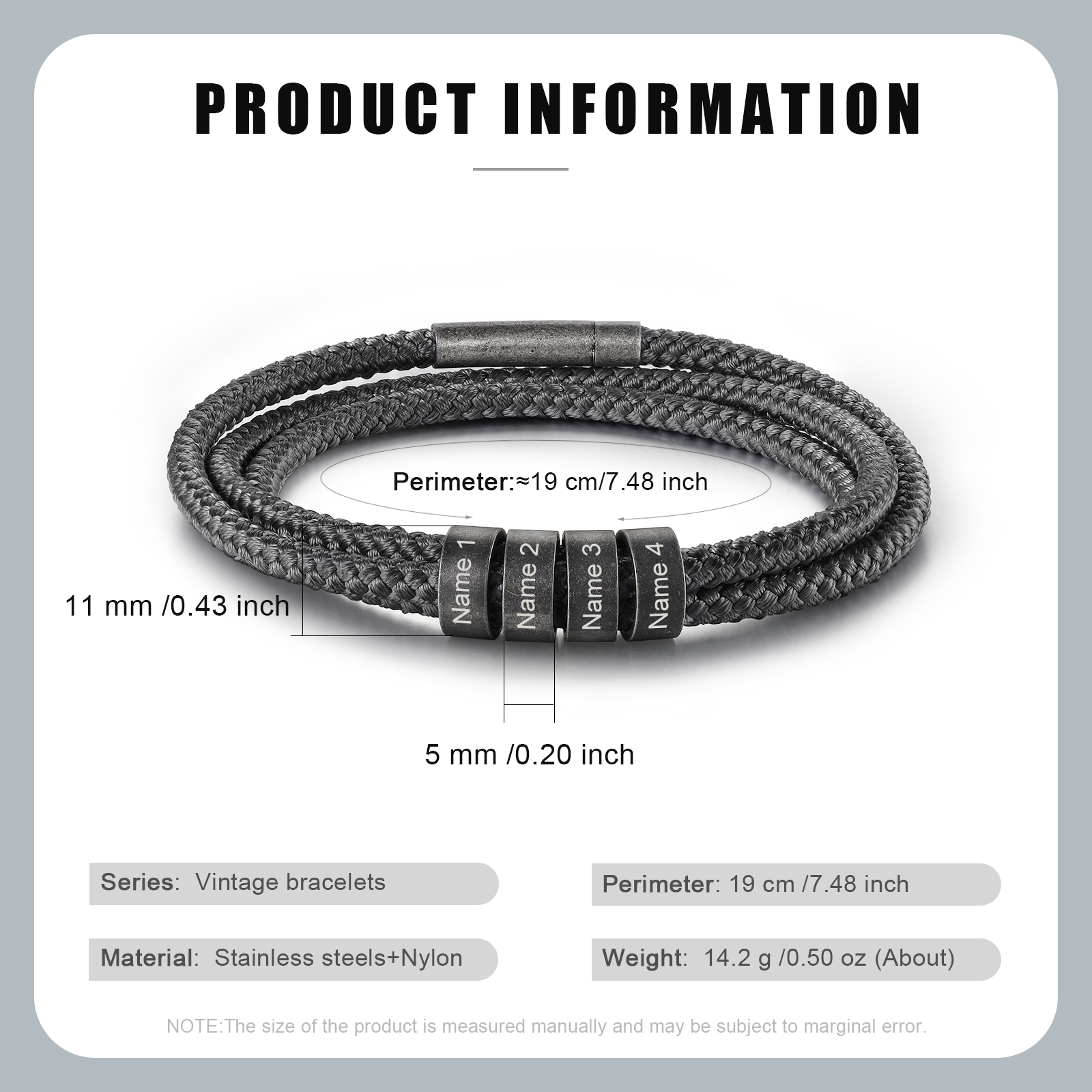 2-4 Nombres Personalizados Pulsera de Triple Cuerda Gris Aros de Acero Inoxidable-Jessemade ES