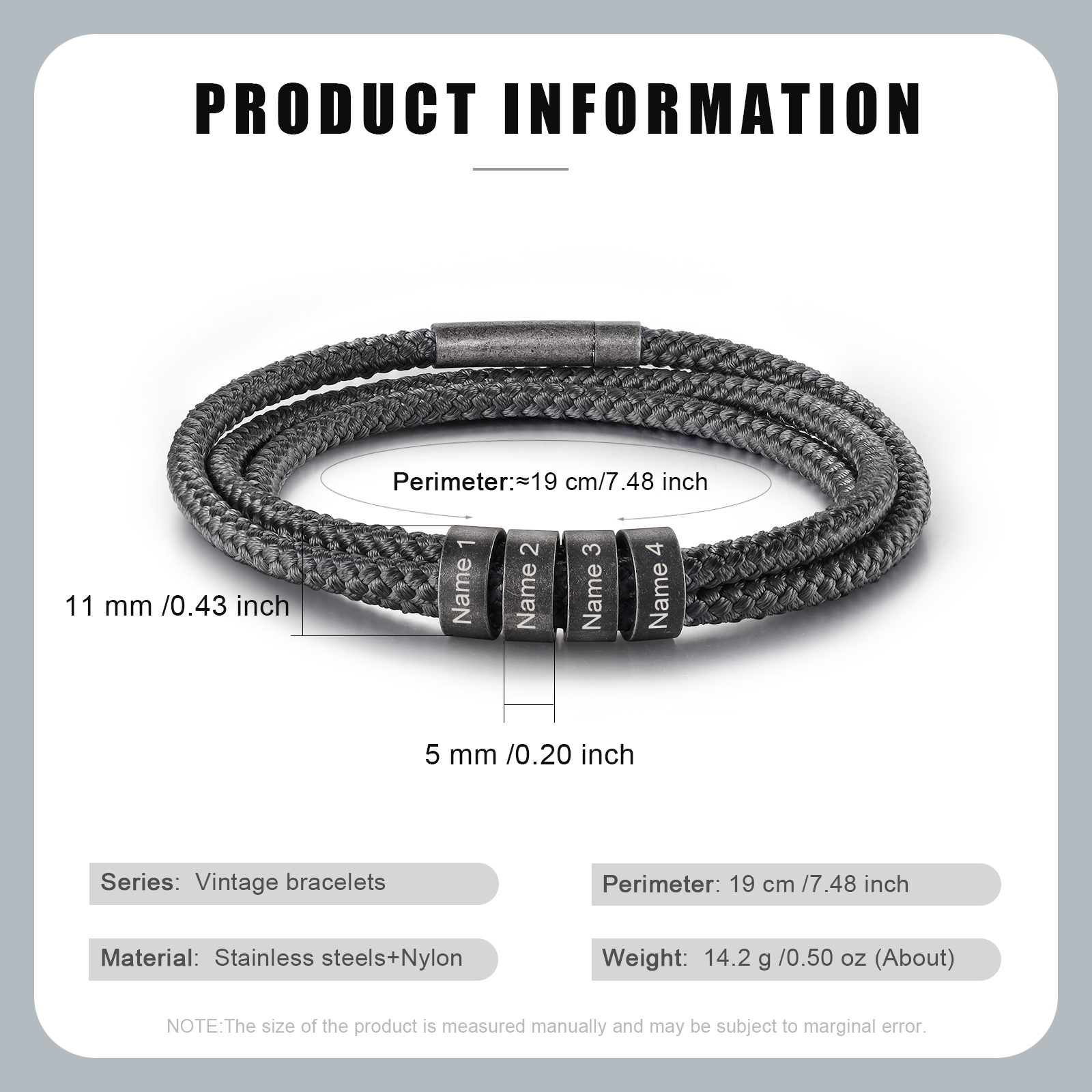 2-4 Nombres Personalizados Pulsera de Triple Cuerda Gris Aros de Acero Inoxidable-Jessemade ES