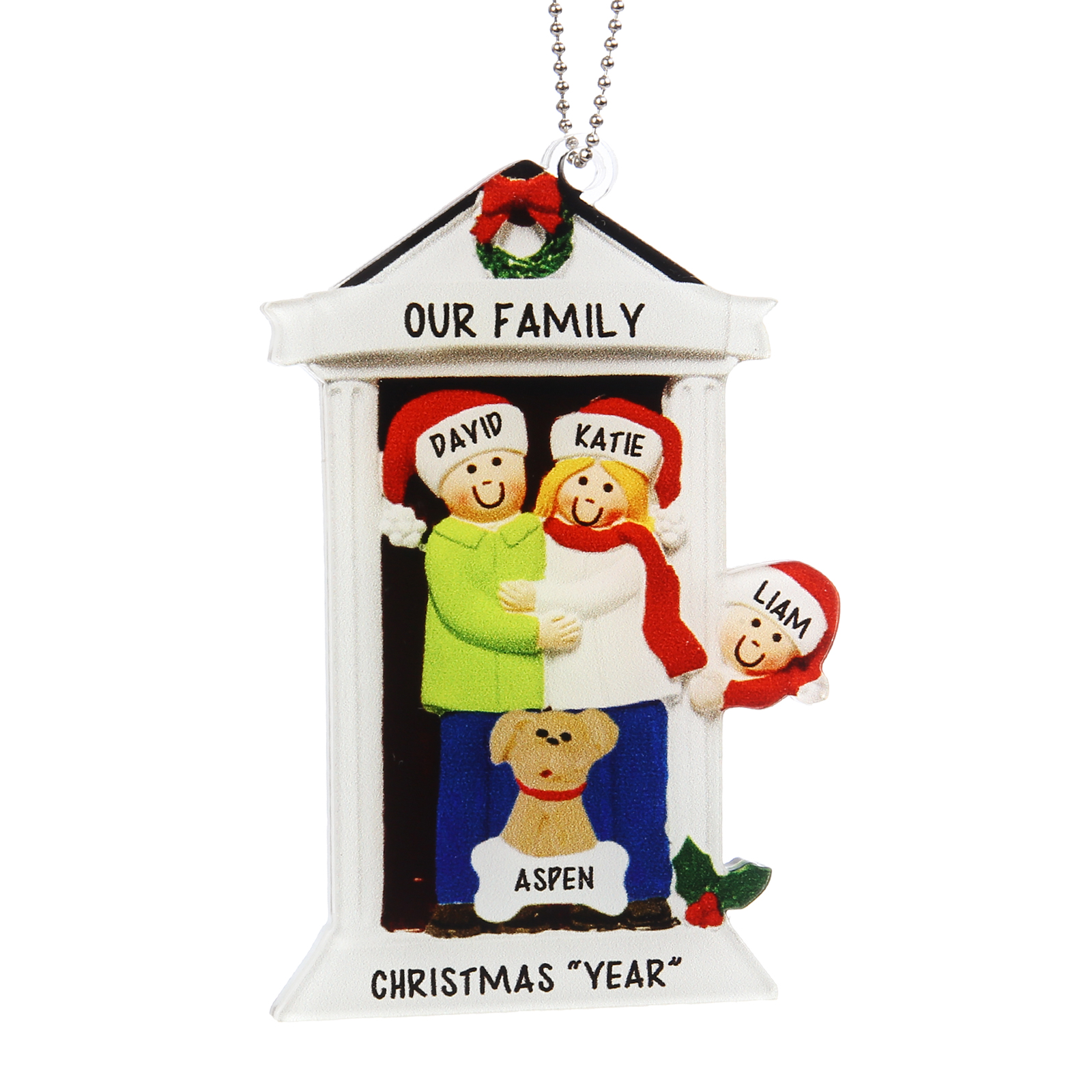 Navidad-Ornamentos Navideños de Acrílico Familia en Puerta con Perro 4 Nombres Personalizados con 2 Textos-Jessemade ES