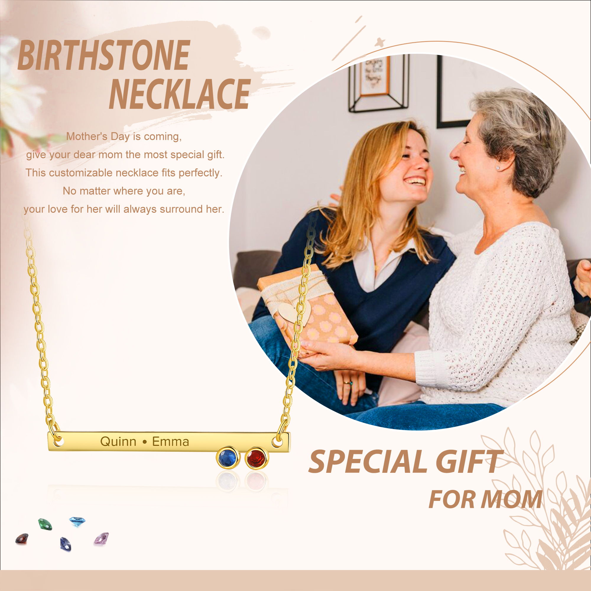 Collar con colgante de placa con 1-4 piedras de nacimiento personalizadas con texto-Jessemade ES