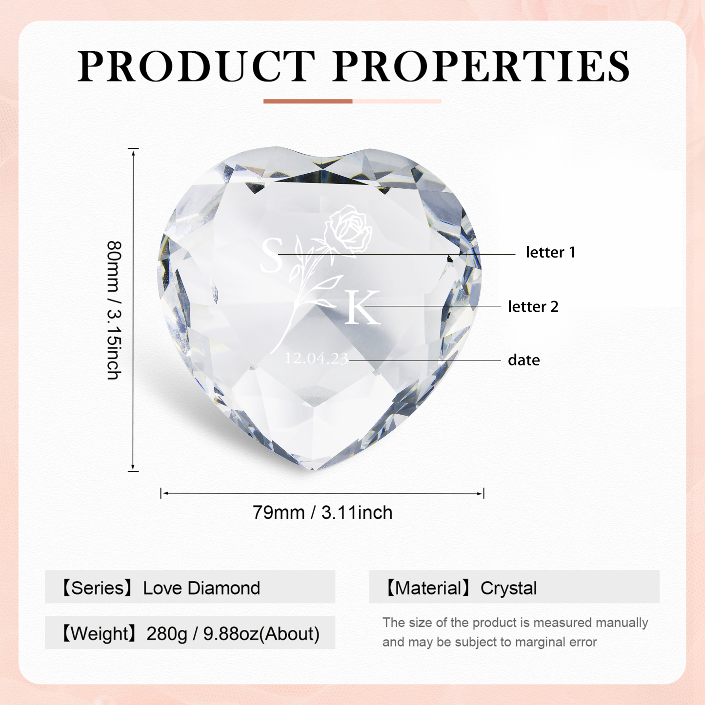 Decoración de vidrio de corazón con 2 letras y fecha personalizados para el AMOR-Jessemade ES