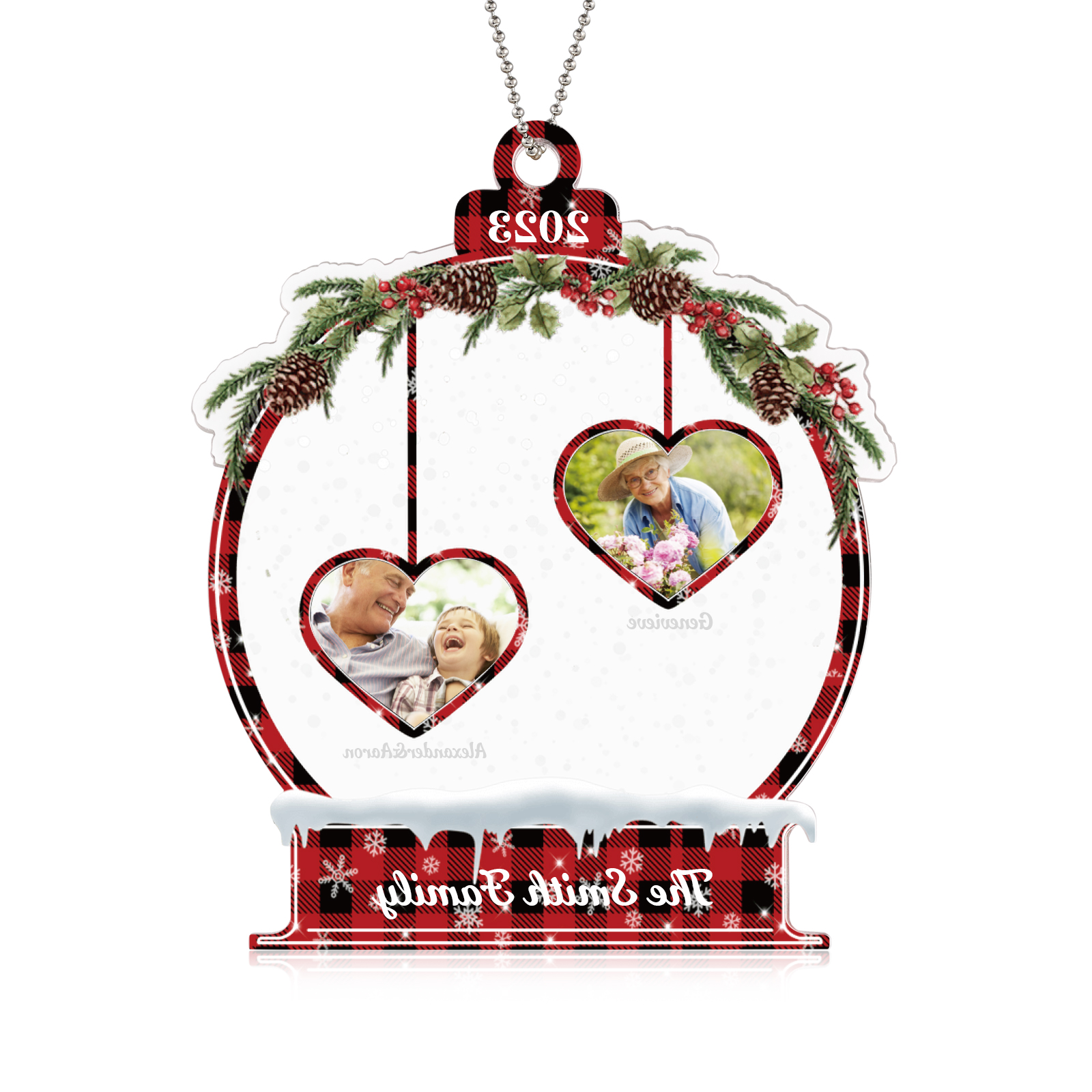 Navidad-Ornamento navideño de acrílico bola de cristal con 2 nombres, 2 fotos y 1 texto personalizados-Jessemade ES