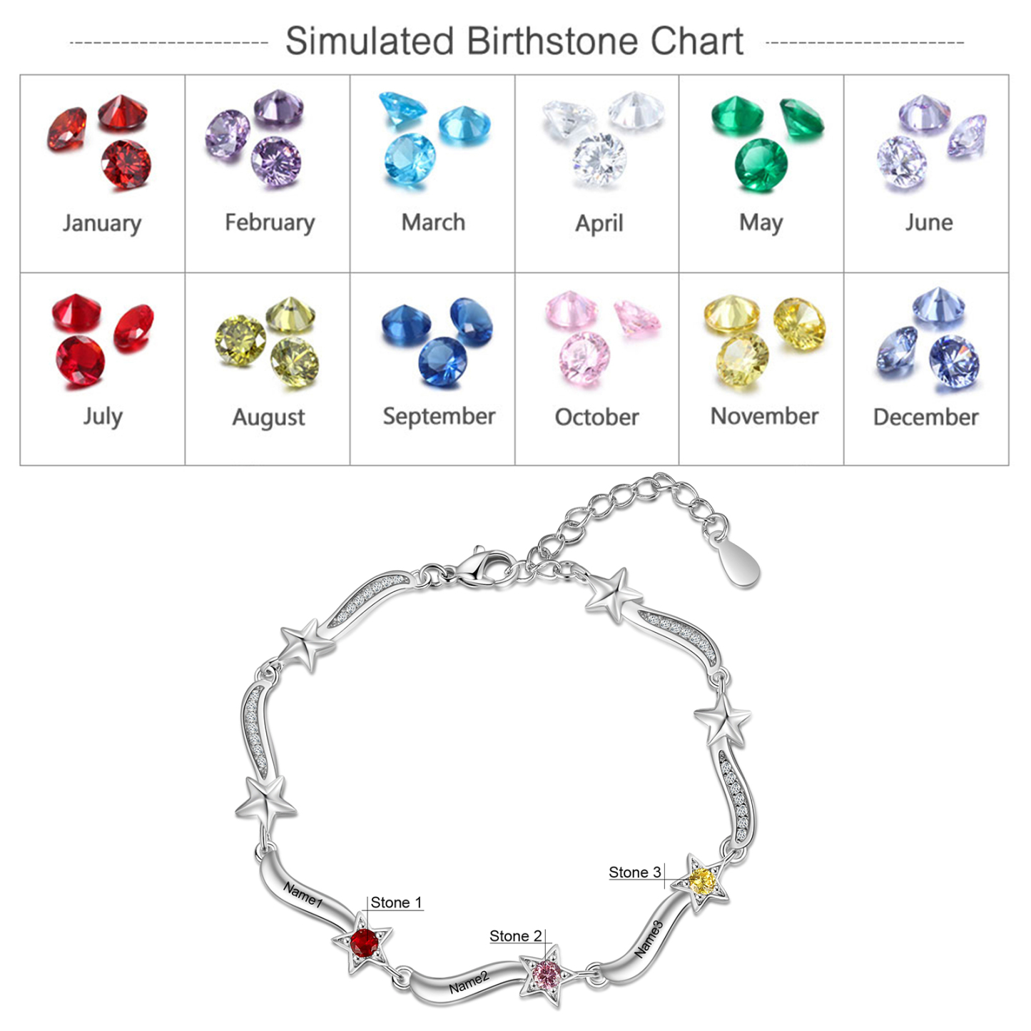 Pulsera Brazalete personalizada de 3 nombres y estrellas con 3 piedras de nacimiento-Jessemade ES