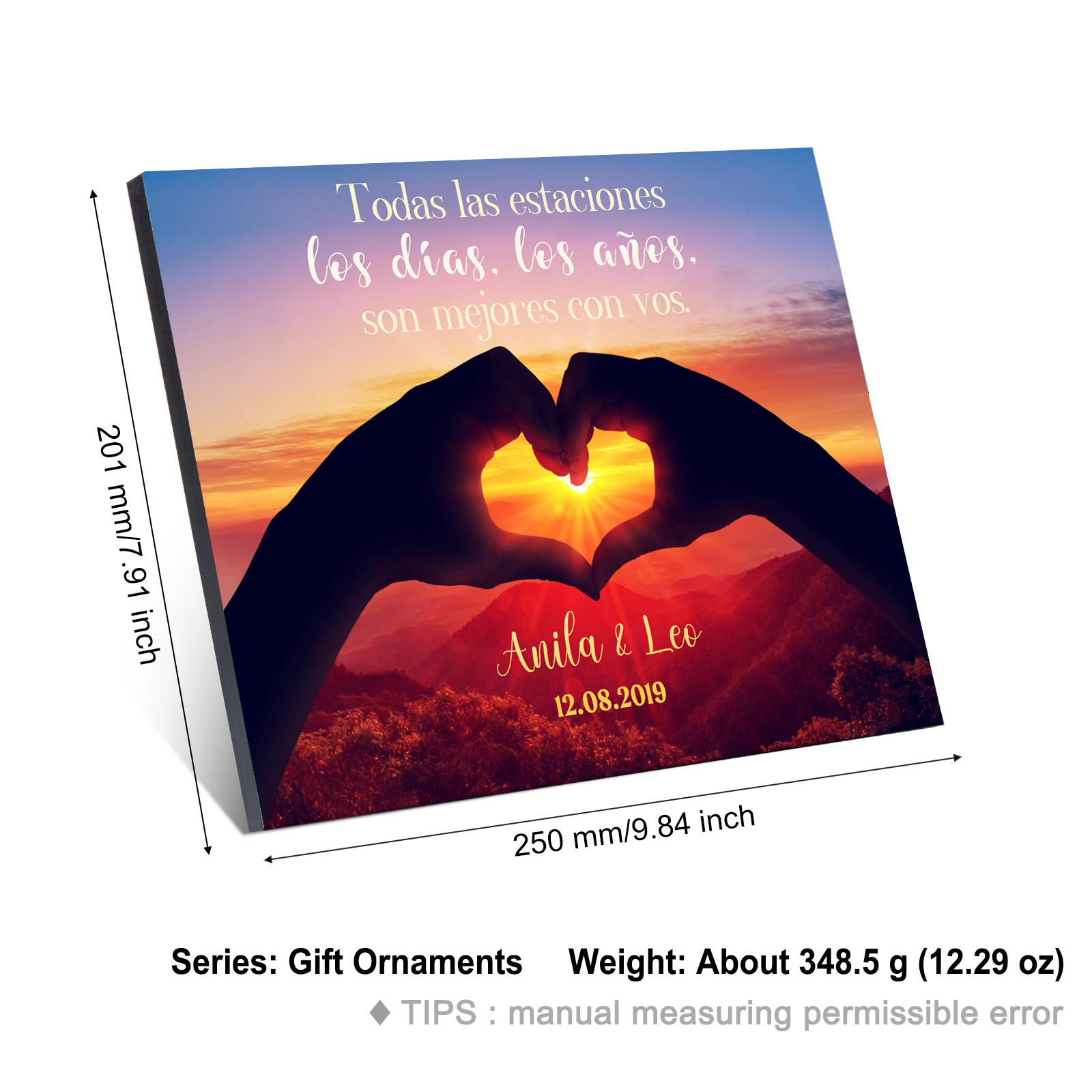 Lámina corazón marco de madera para pareja personalizado con 2 nombres y fecha-Jessemade ES