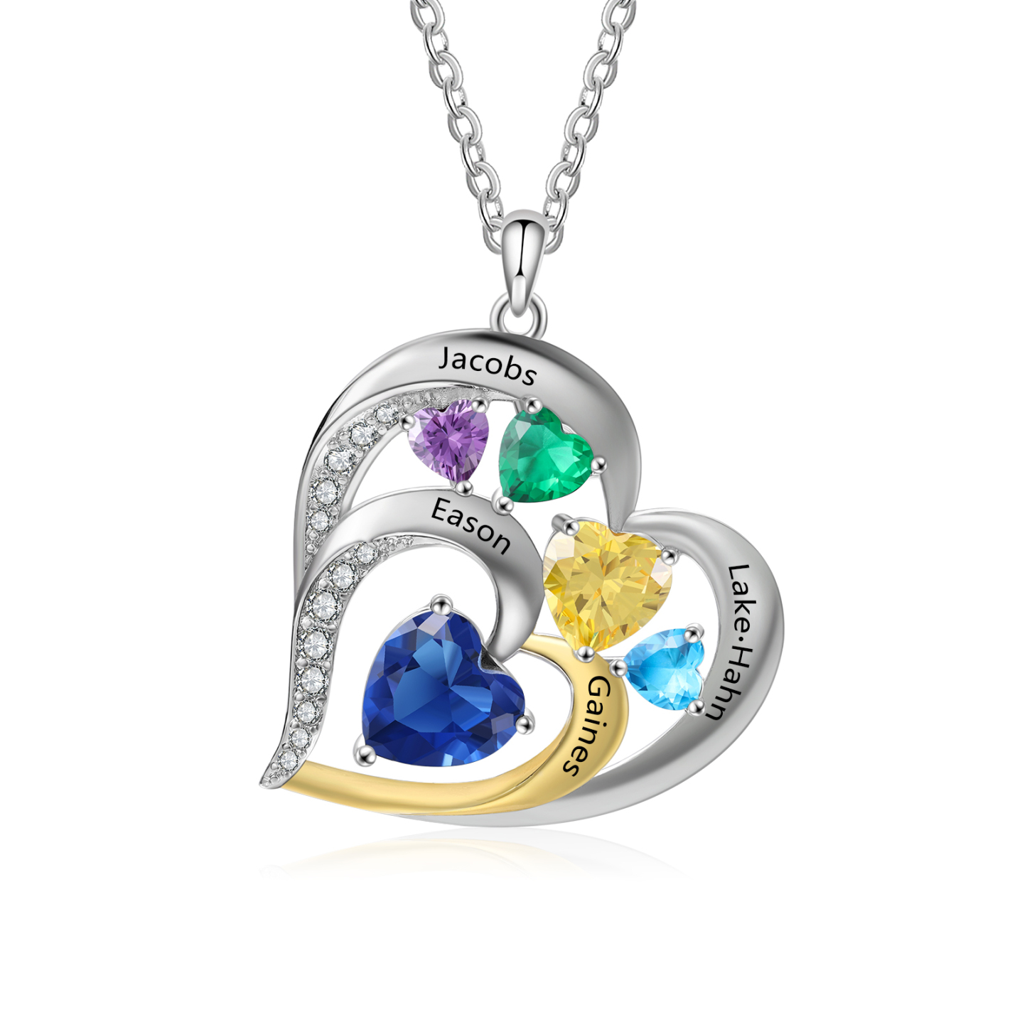 Collar corazón con 3 nombres, 1 texto y 5 piedras de nacimiento personalizados-Jessemade ES
