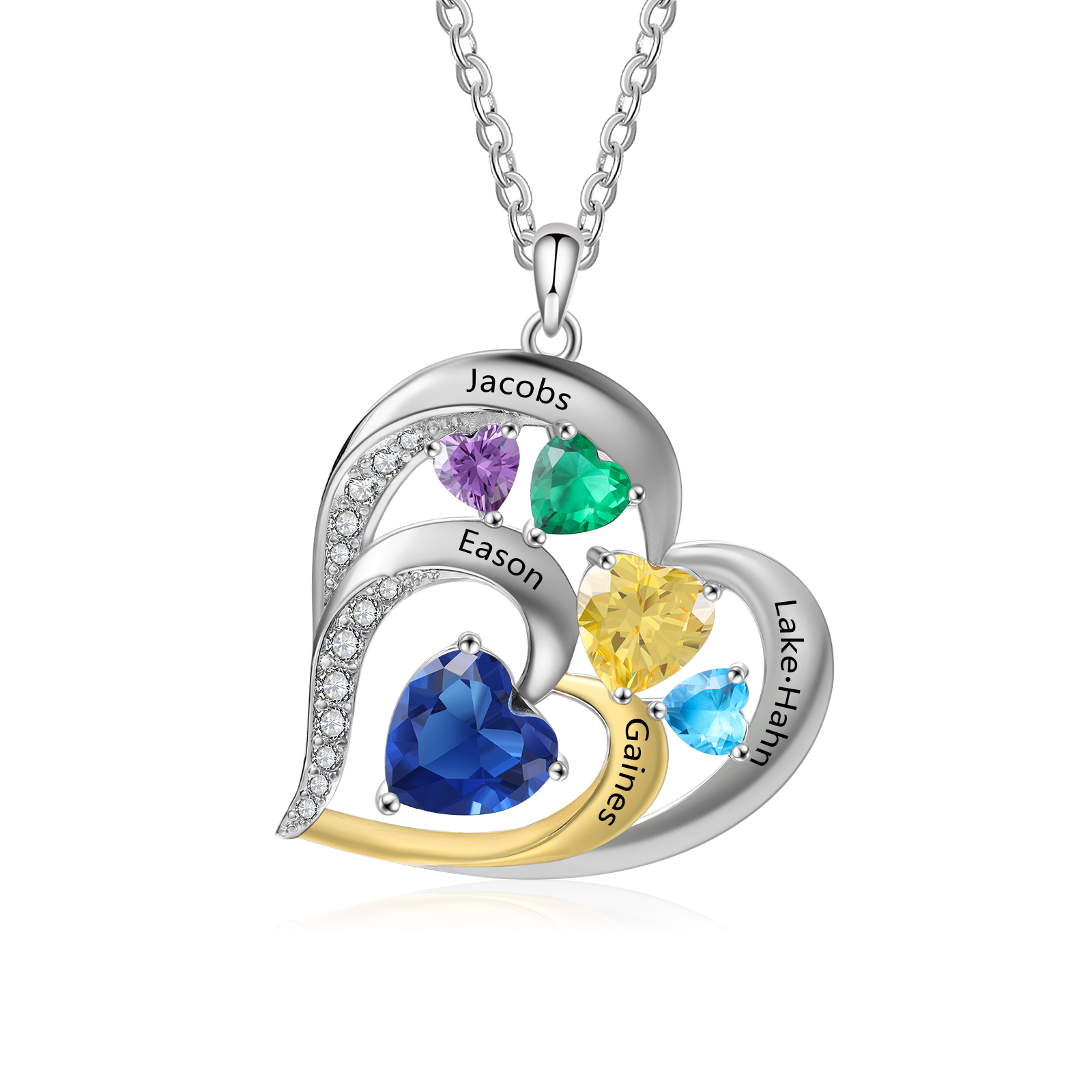 Collar corazón con 3 nombres, 1 texto y 5 piedras de nacimiento personalizados-Jessemade ES