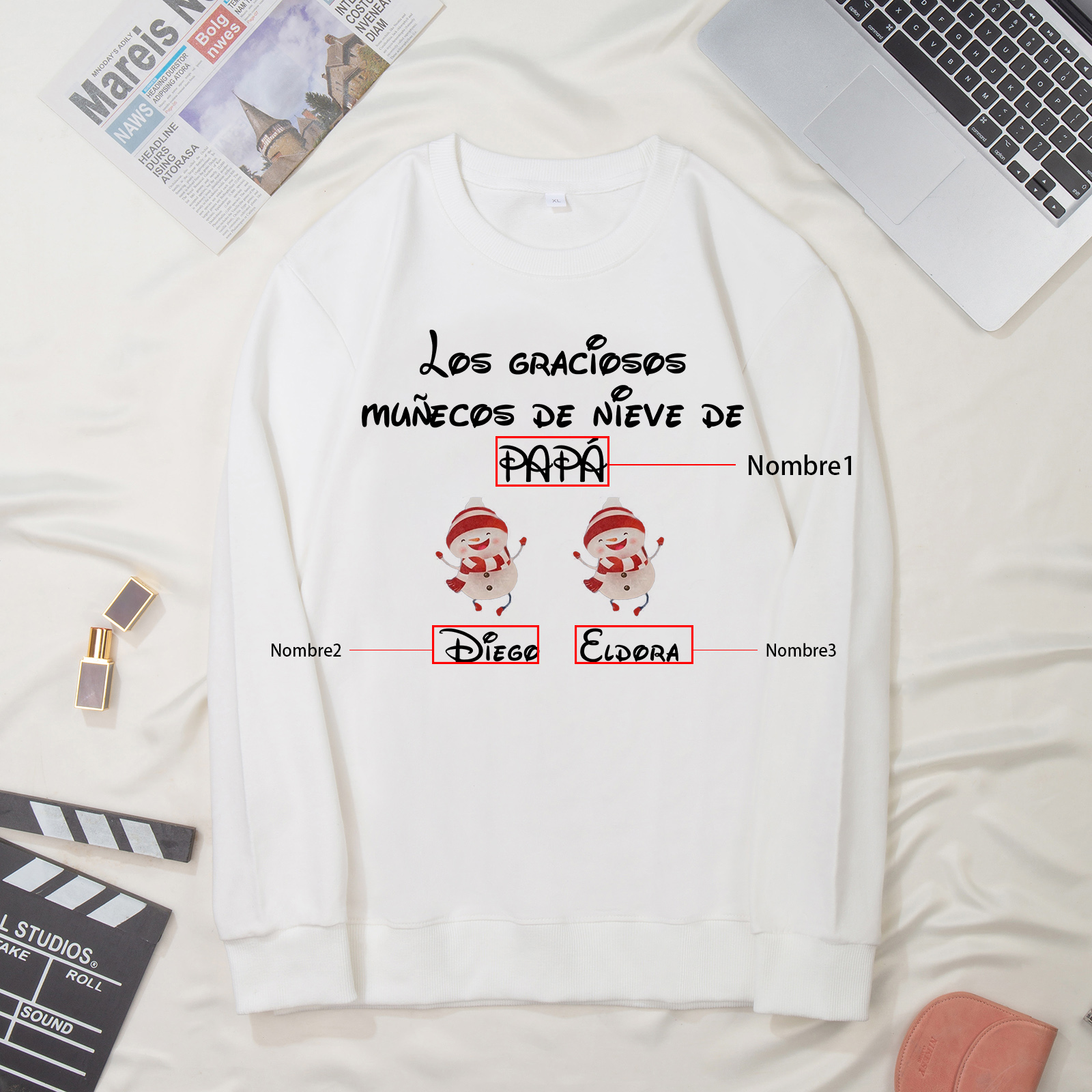 Familia-Sudadera "Muñecos de nieve" 3 nombres personalizados-Jessemade ES