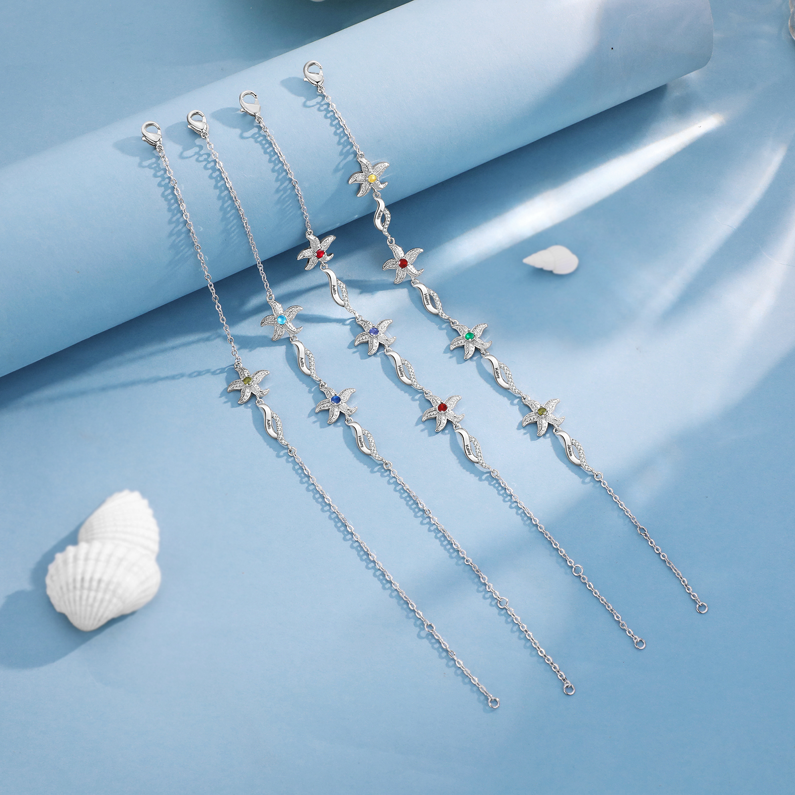 Pulsera con dije de estrella de mar para mujer personalizada con 3 nombres y 3 piedras de nacimiento-Jessemade ES