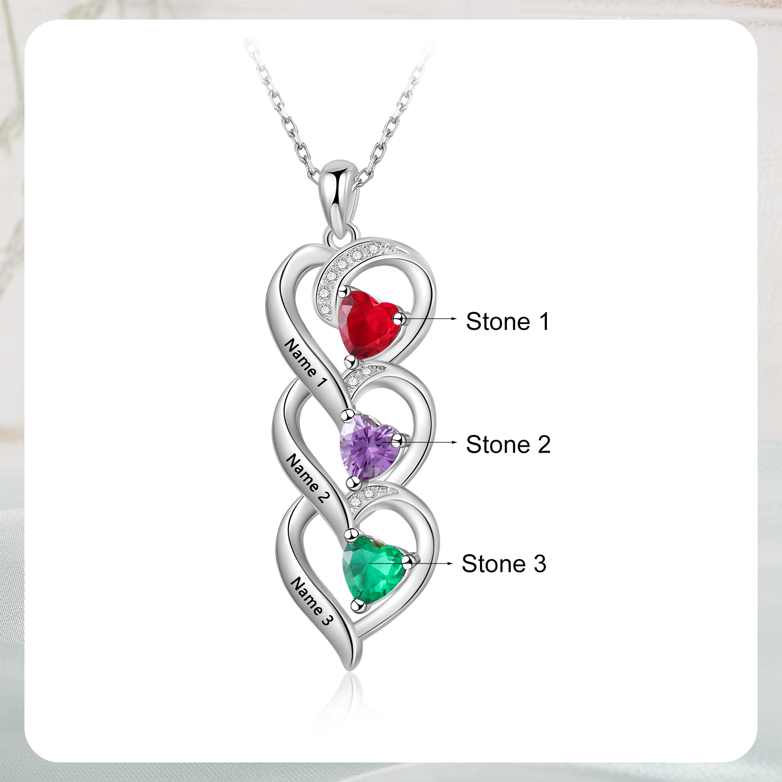 Collar de tres corazones con 3 nombres y piedras de nacimiento personalizados-Jessemade ES