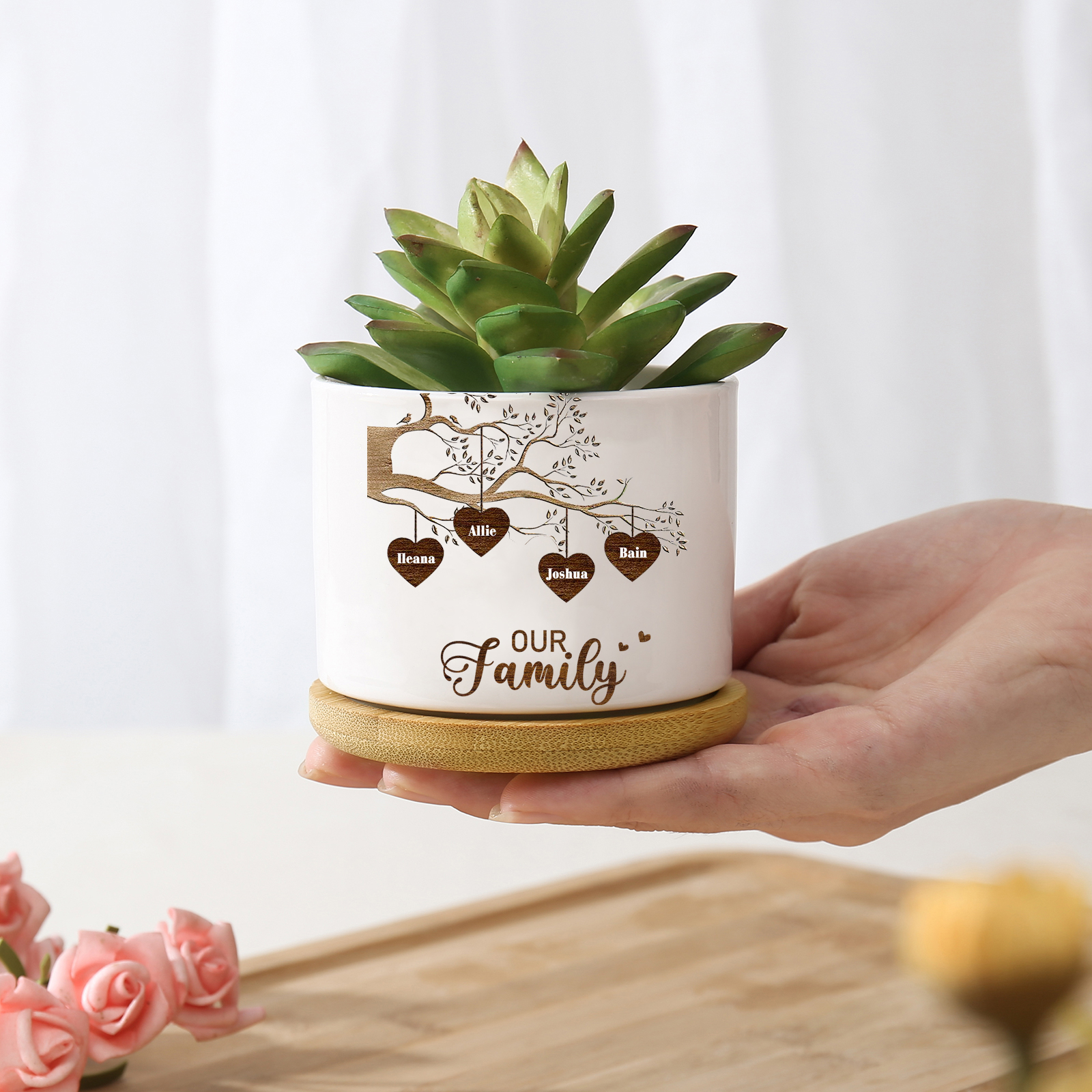 Florero con base de cerámica árbol de corazones 2-8 nombres personalizados con texto decoración del hogar-Jessemade ES