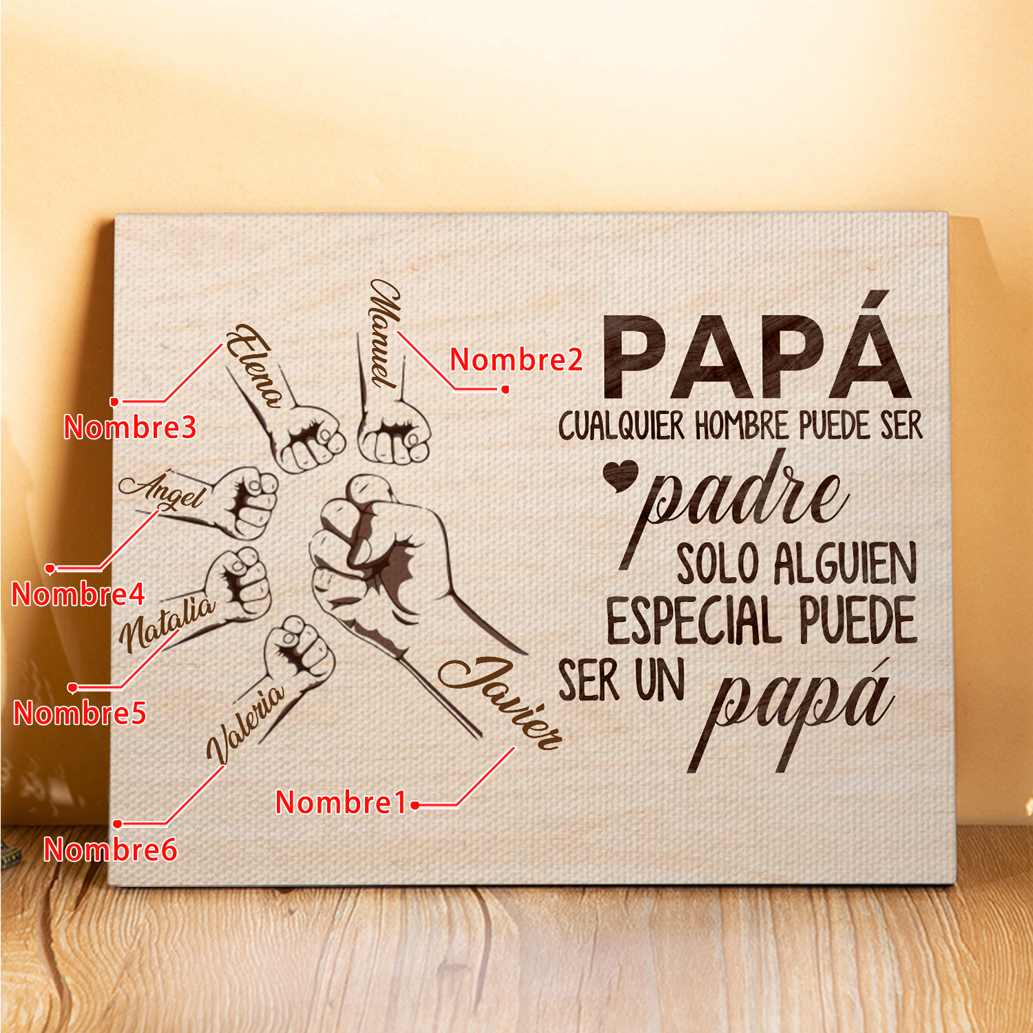 A mi papá - Lámina 2-6 nombres personalizados marco de madera puño con puño-Jessemade ES