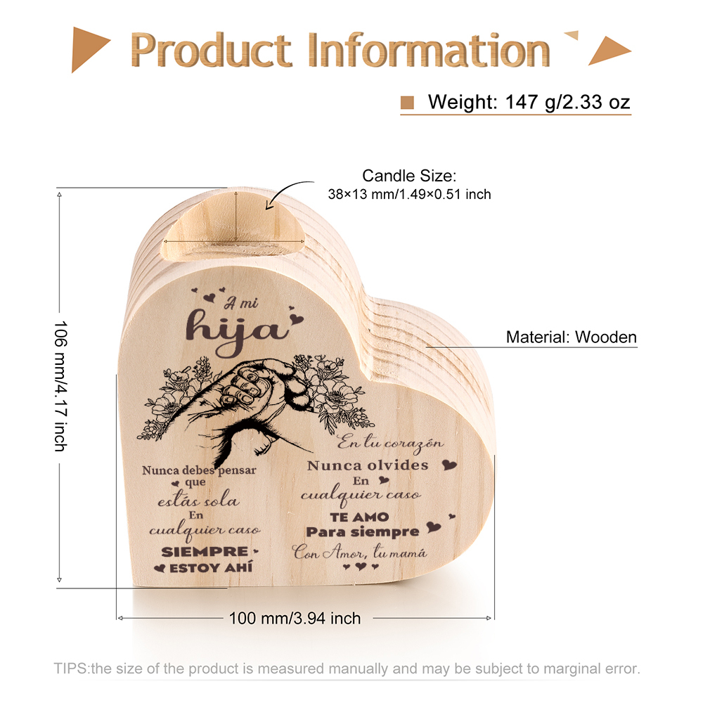 Candelero de corazón para hija de mamá de madera de corazón sin candela-Jessemade ES