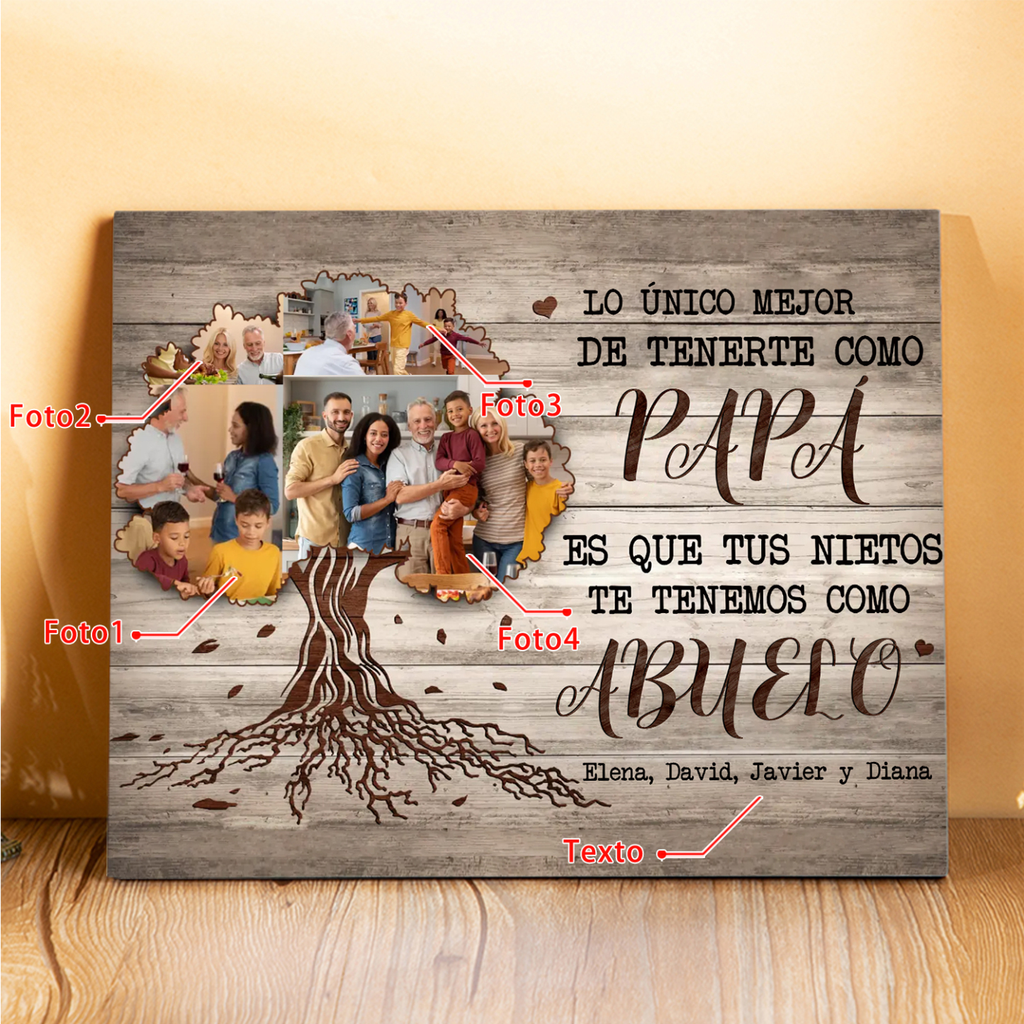 Feliz Día del Padre a mi abuelo-Lámina marco de madera 4 fotos y 1 texto personalizados con frase de amor-Jessemade ES