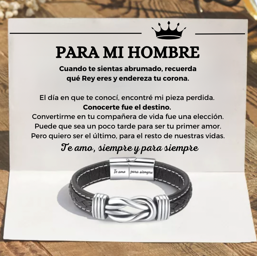 Para mi hombre-Pulsera de Cuero Nudo Eterno de Acero Inoxidable con 2 Nombres Personalizados