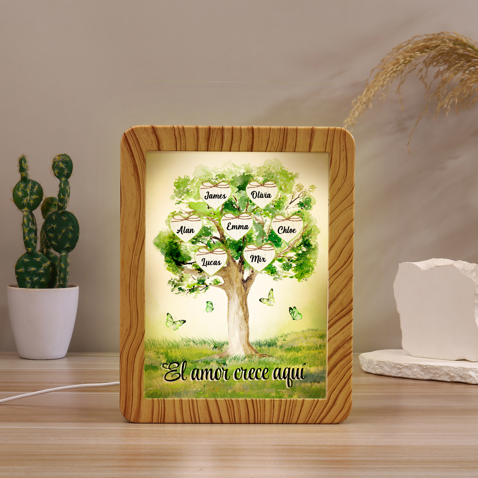 Marco/Espejo con LED Multifuncional Árbol de la Vida 2-8 Nombres Personalizados con 1 Texto-Jessemade ES