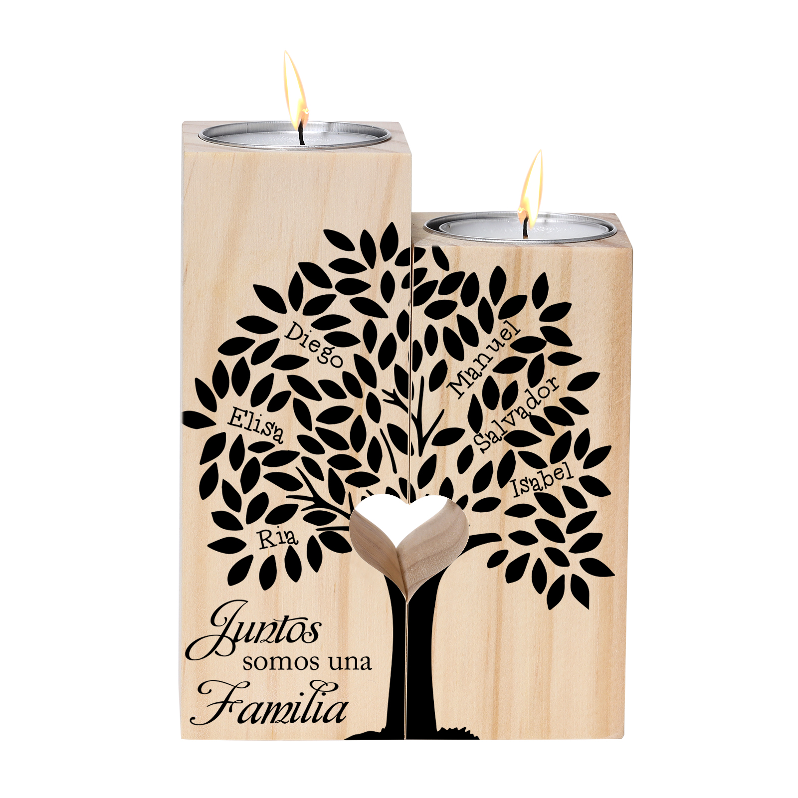 A la familia-Candelero de árbol de la vida de madera personalizado con 2-10 nombres y 1 texto sin vela-Jessemade ES