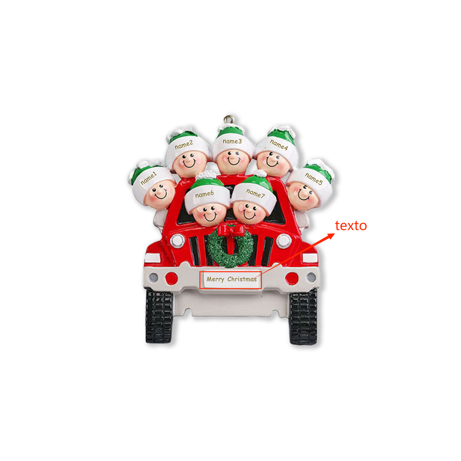 Navidad-Ornamentos con Muñecos Navideños en Coche 7 Nombres con Texto Personalizados Adorno de Resina