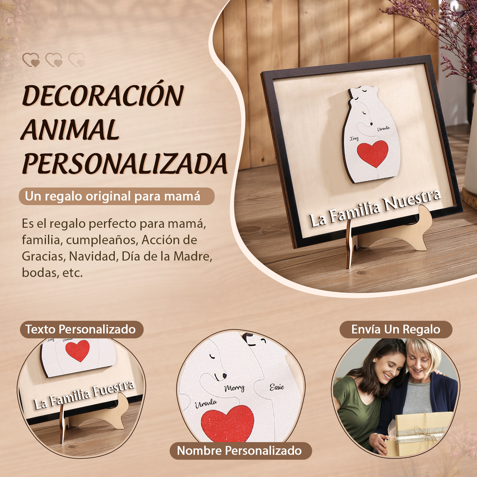 A familia-Adorno 2-6 nombres personalizados decoración de madera familia de canguros-Jessemade ES