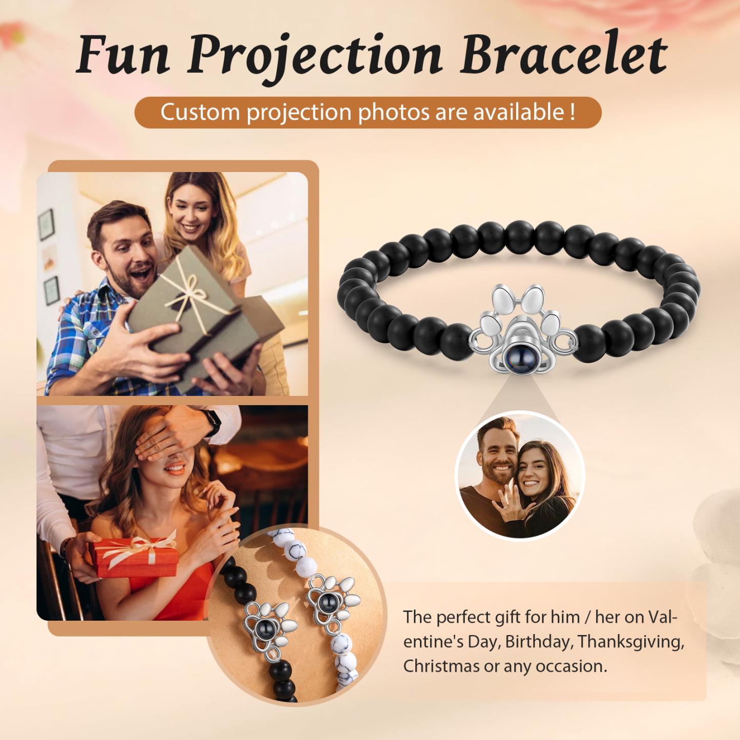 Pulsera de turquesa sintética con proyección de foto en color con dije de pata-Jessemade ES